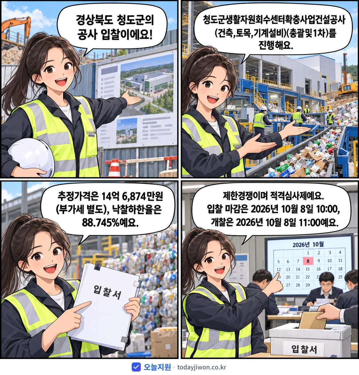 4컷 만화로 보는 공고: 경상북도 청도군 '청도군생활자원회수센터확충사업건설공사(건축,토목,기계설비)(총괄및1차)', 추정가격 14억 6,874만원, 입찰 마감 10/8 10:00