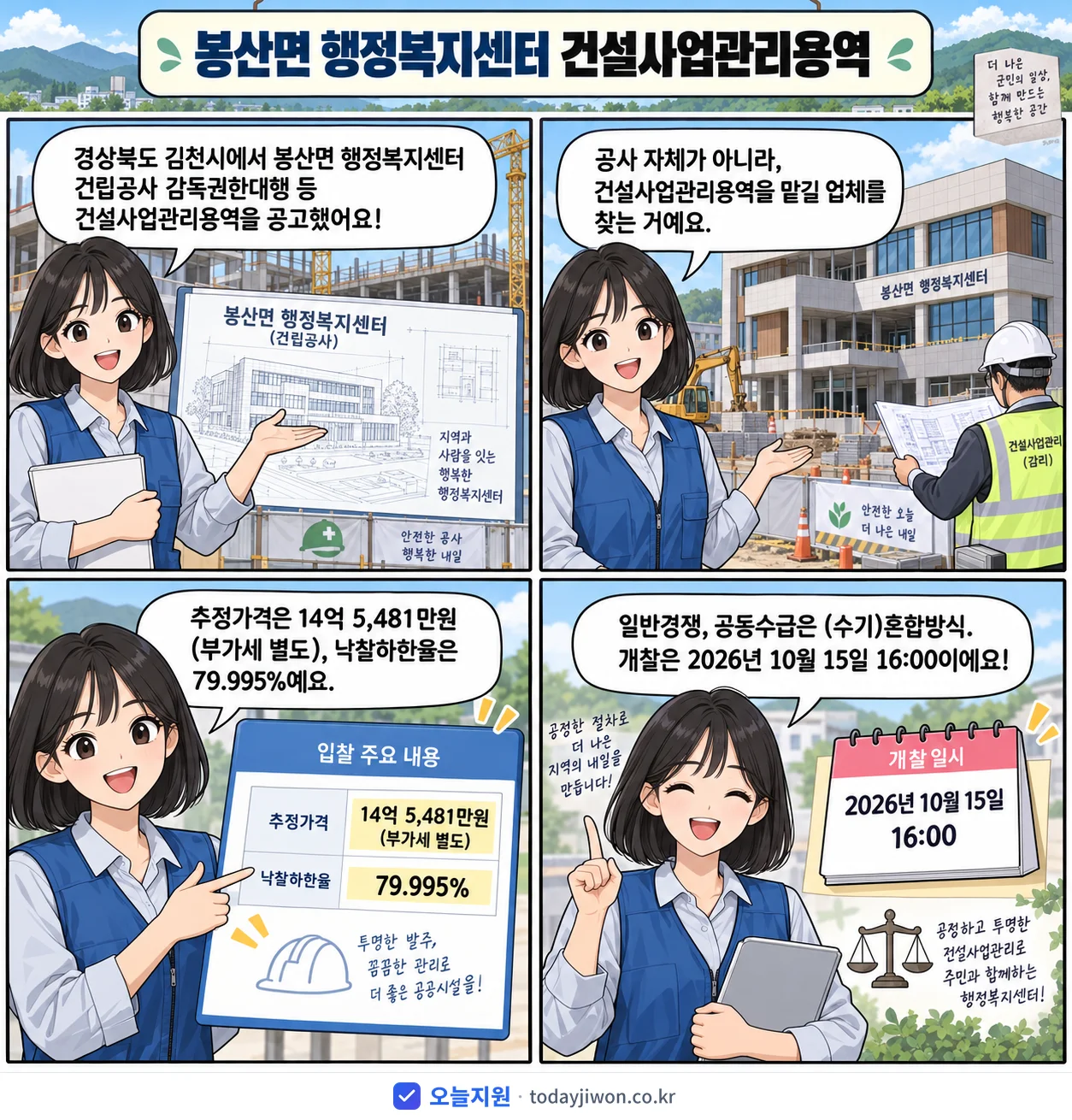 4컷 만화로 보는 공고: 경상북도 김천시 '봉산면 행정복지센터 건립공사 감독권한대행 등 건설사업관리용역(사업수행능…', 추정가격 14억 5,481만원