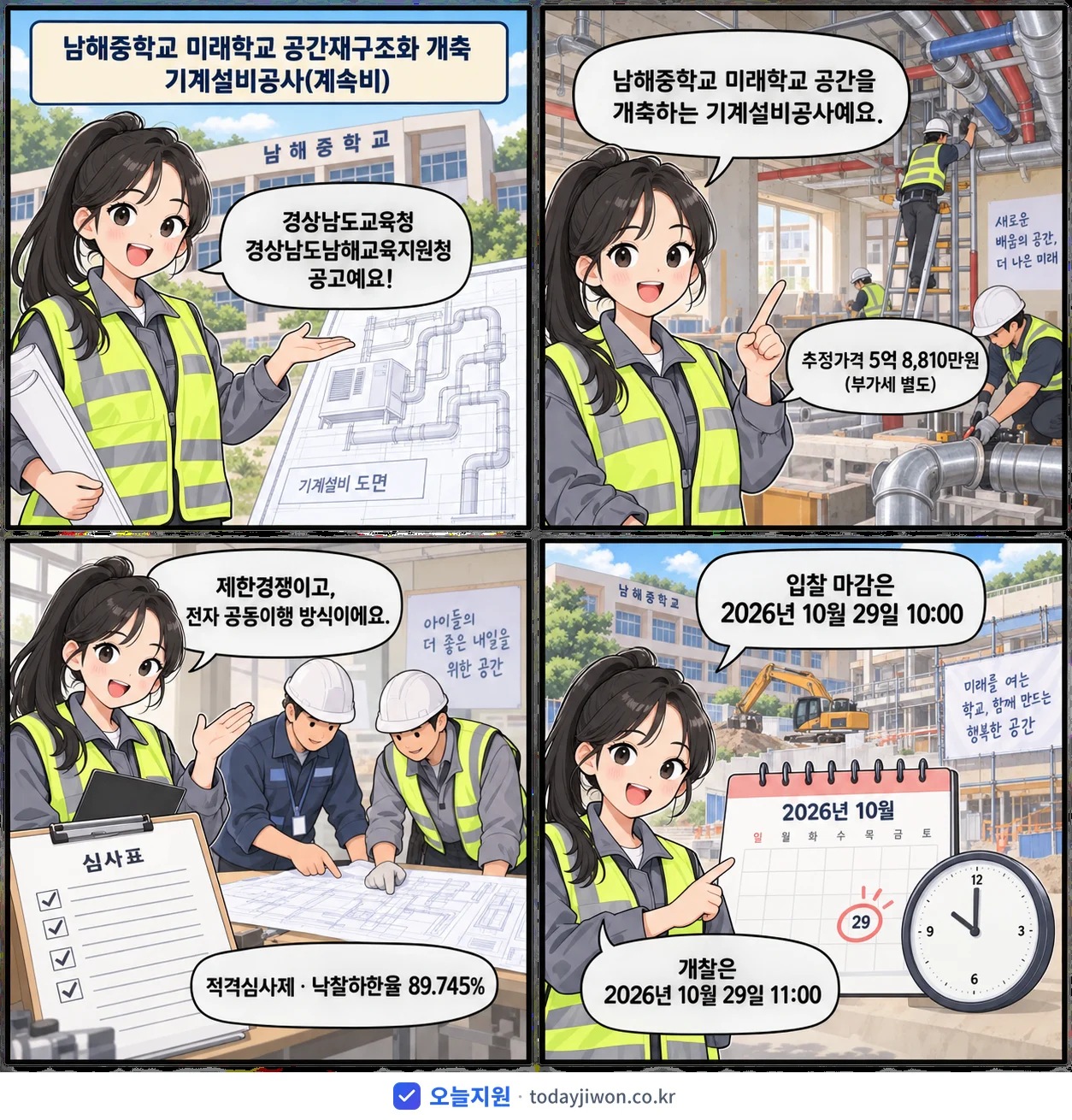 4컷 만화로 보는 공고: 경상남도교육청 경상남도남해교육지원청 '남해중학교 미래학교 공간재구조화 개축 기계설비공사(계속비)', 추정가격 5억 8,810만원, 입찰 마감 10/29 10:00