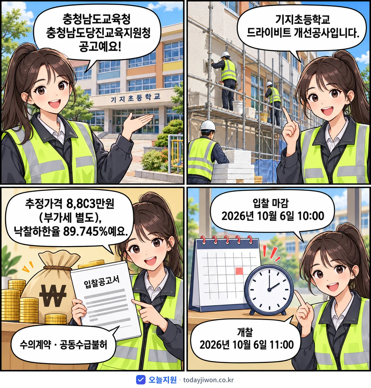 4컷 만화로 보는 공고: 충청남도교육청 충청남도당진교육지원청 '기지초등학교 드라이비트 개선공사', 추정가격 8,803만원, 입찰 마감 10/6 10:00