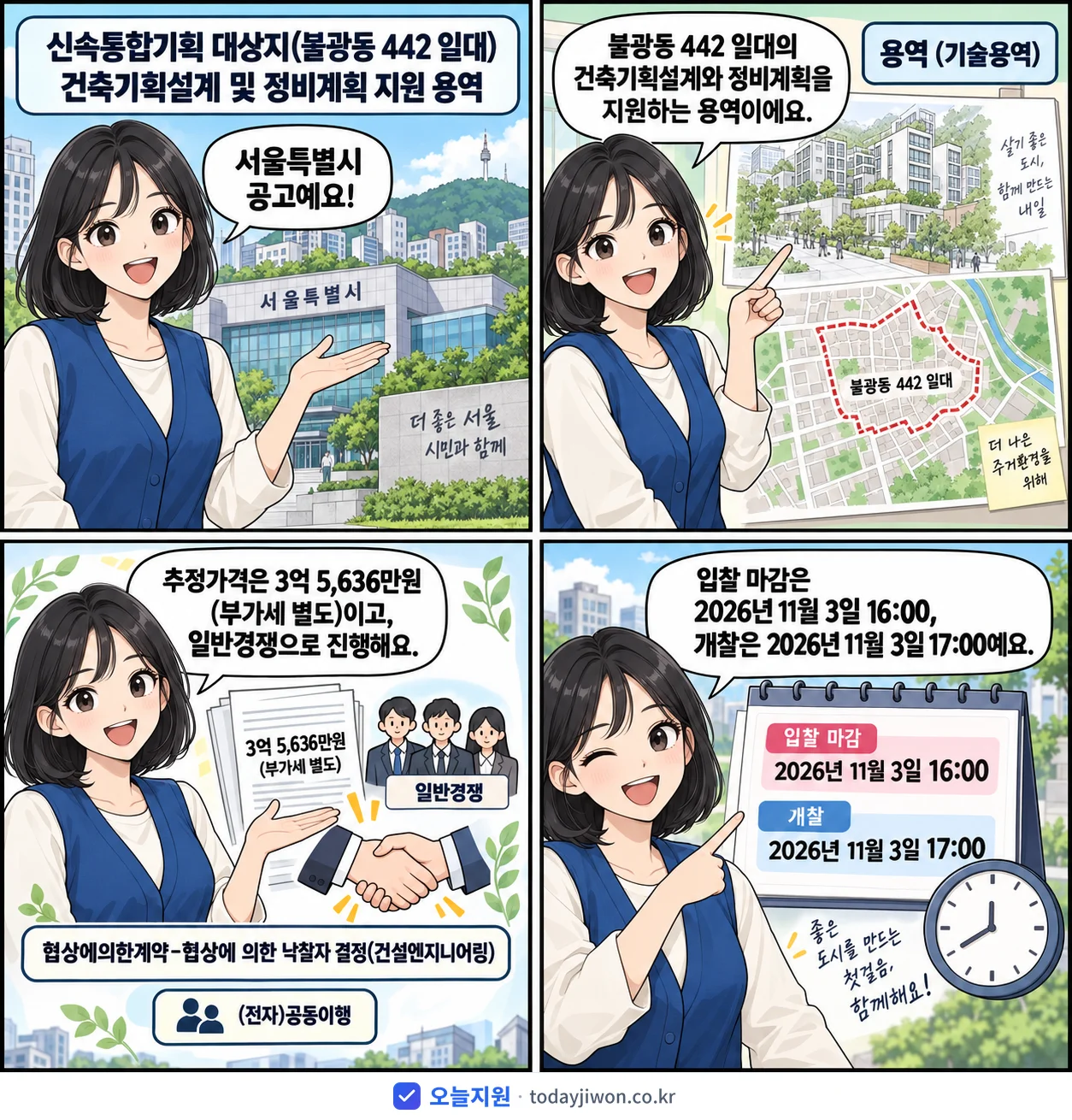 4컷 만화로 보는 공고: 서울특별시 '신속통합기획 대상지(불광동 442 일대) 건축기획설계 및 정비계획 지원…', 추정가격 3억 5,636만원, 입찰 마감 11/3 16:00