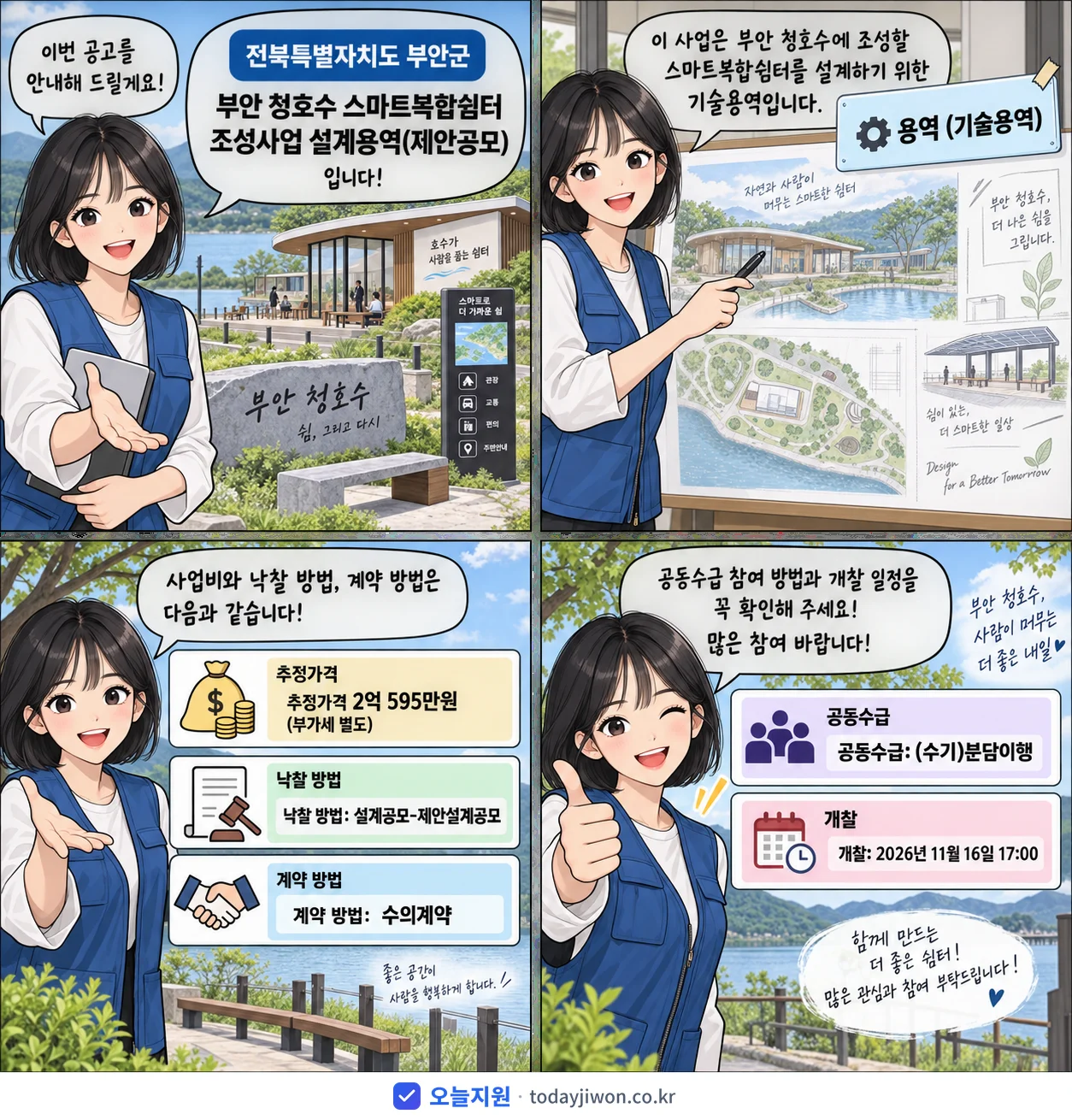 4컷 만화로 보는 공고: 전북특별자치도 부안군 '부안 청호수 스마트복합쉼터 조성사업 설계용역(제안공모)', 추정가격 2억 595만원