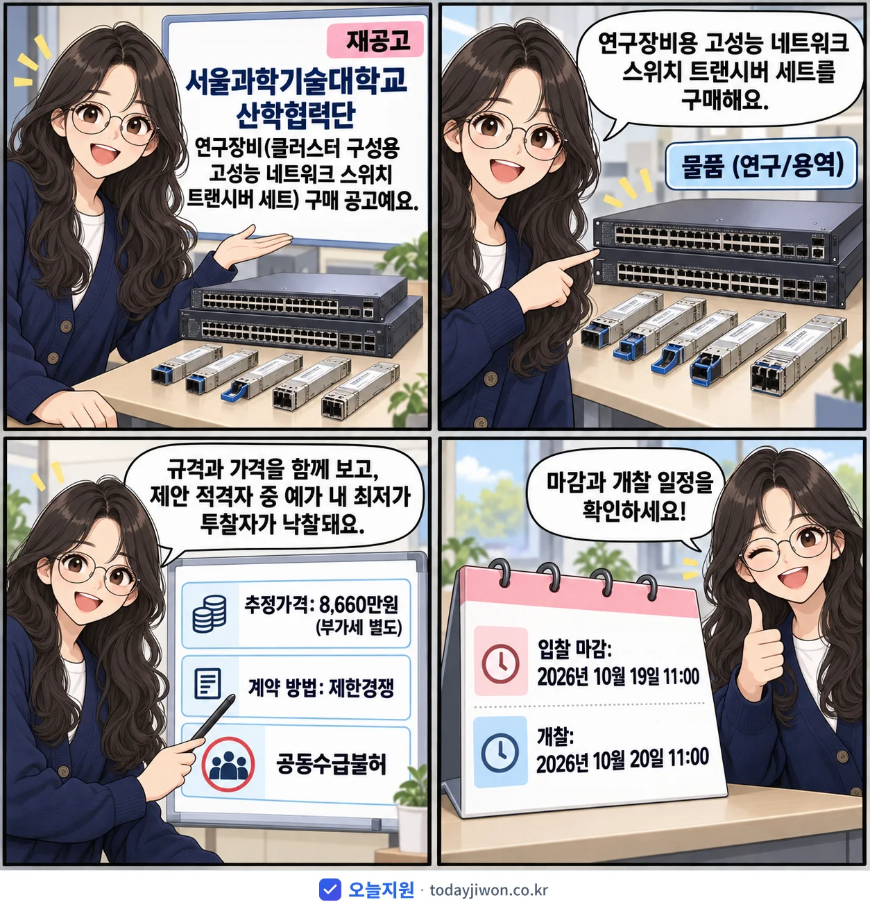 4컷 만화로 보는 공고: 서울과학기술대학교 산학협력단 '서울과학기술대학교 산학협력단 연구장비(클러스터 구성용 고성능 네트워크…', 추정가격 8,660만원, 입찰 마감 10/19 11:00