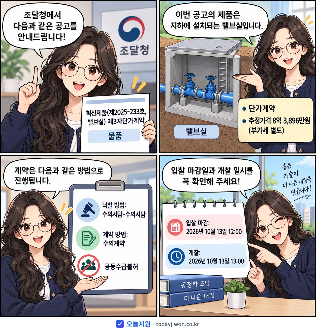 4컷 만화로 보는 공고: 조달청 '혁신제품(제2025-233호, 밸브실) 제3자단가계약', 추정가격 8억 3,896만원, 입찰 마감 10/13 12:00