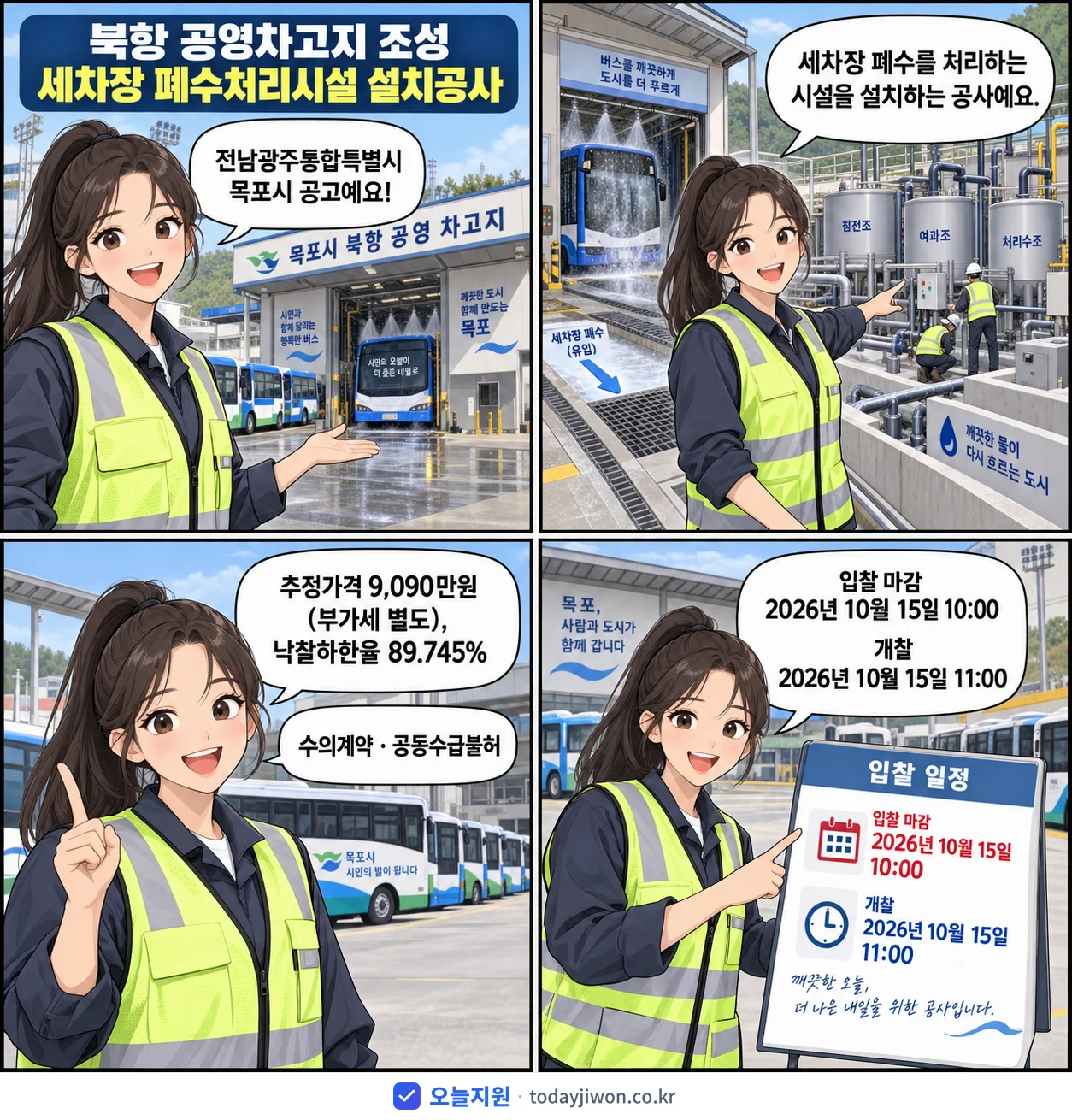 4컷 만화로 보는 공고: 전남광주통합특별시 목포시 '북항 공영차고지 조성 세차장 폐수처리시설 설치공사', 추정가격 9,090만원, 입찰 마감 10/15 10:00