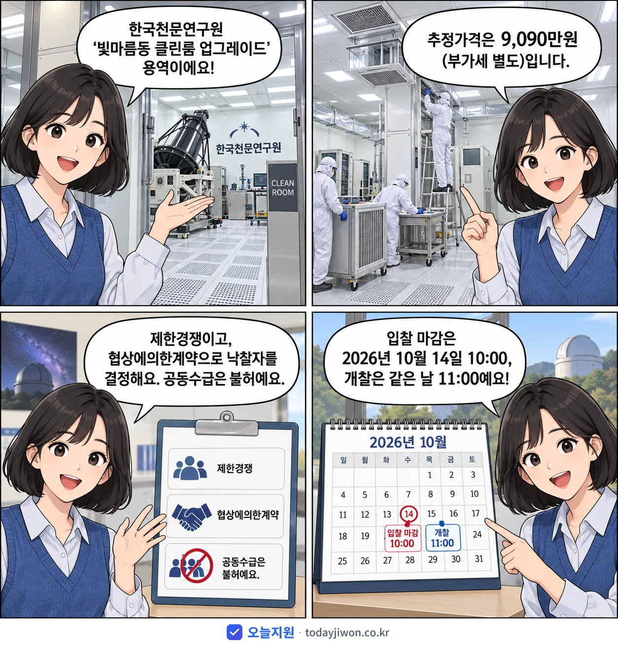 4컷 만화로 보는 공고: 한국천문연구원 '빛마름동 클린룸 업그레이드', 추정가격 9,090만원, 입찰 마감 10/14 10:00