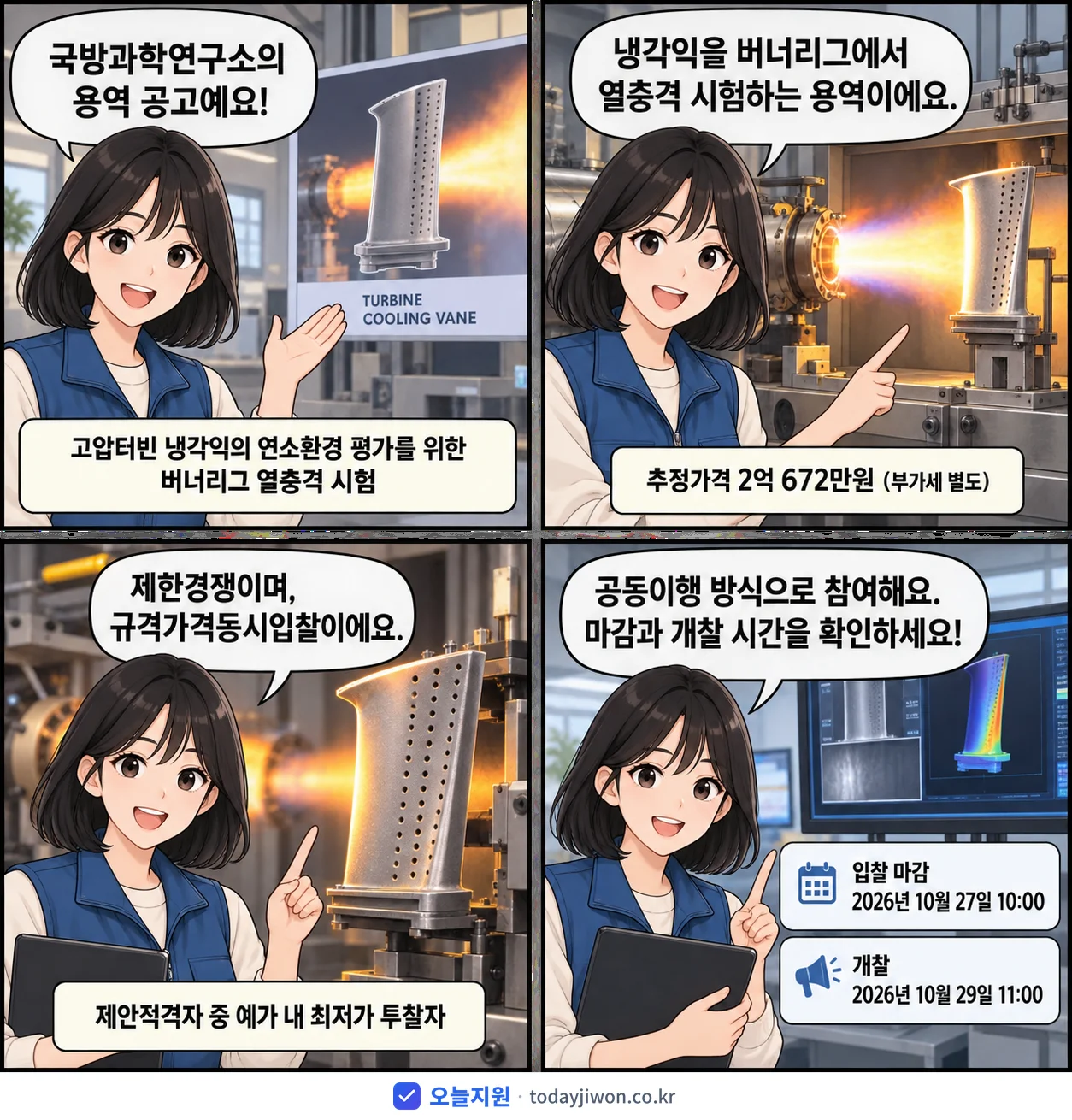 4컷 만화로 보는 공고: 국방과학연구소 '고압터빈 냉각익의 연소환경 평가를 위한 버너리그 열충격 시험', 추정가격 2억 672만원, 입찰 마감 10/27 10:00