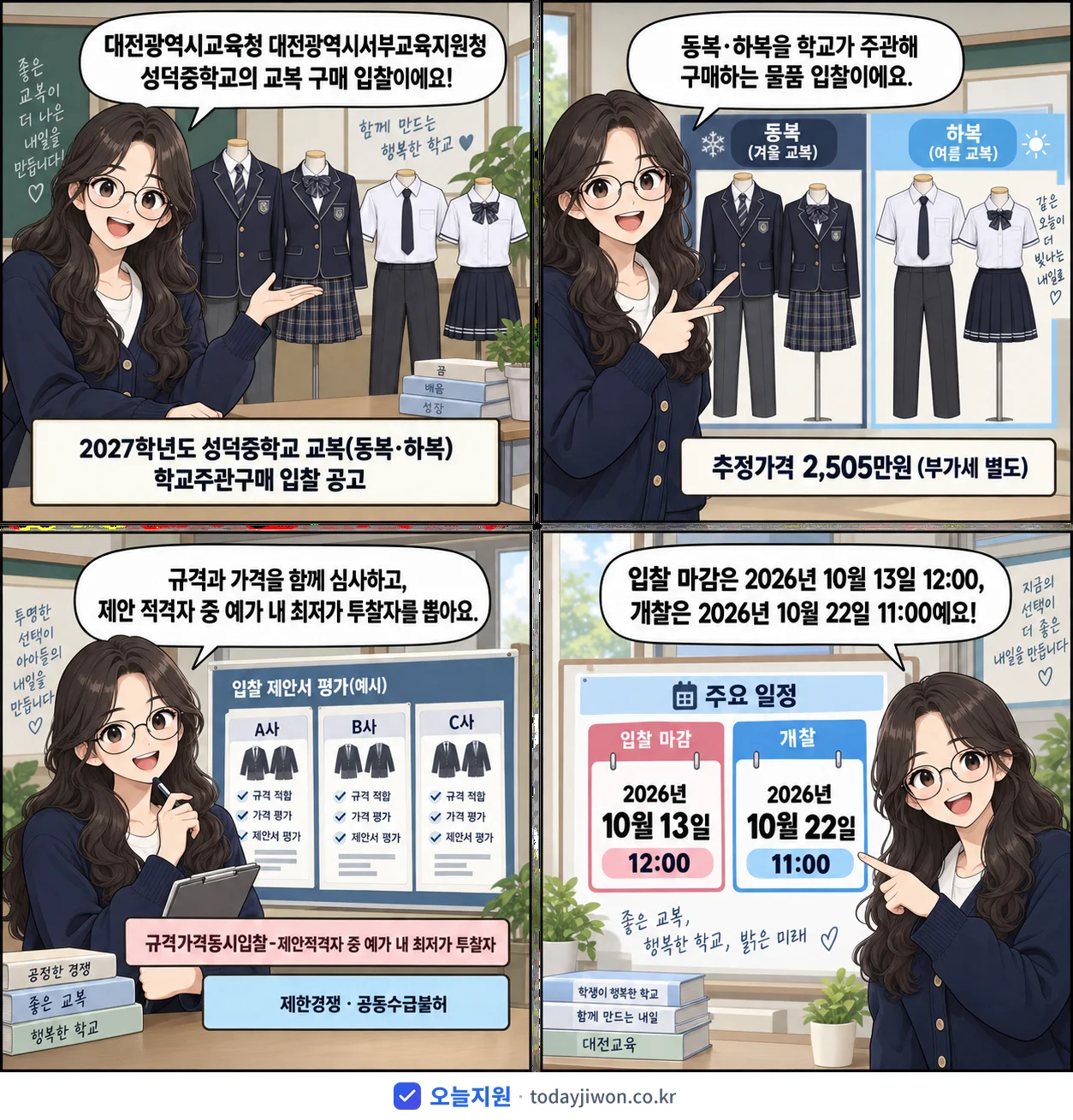 4컷 만화로 보는 공고: 대전광역시교육청 대전광역시서부교육지원청 성덕중학교 '학년도 성덕중학교 교복(동복·하복) 학교주관구매 입찰 공고', 추정가격 2,505만원, 입찰 마감 10/13 12:00