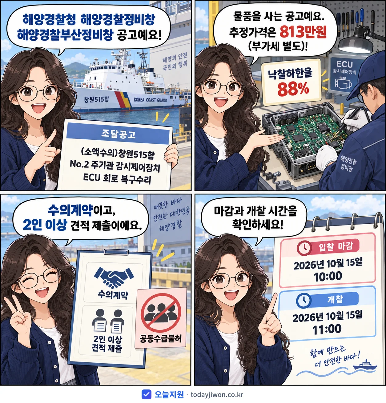 4컷 만화로 보는 공고: 해양경찰청 해양경찰정비창 해양경찰부산정비창 '(소액수의)창원515함 No.2 주기관 감시제어장치 ECU 회로 복구수리', 추정가격 813만원, 입찰 마감 10/15 10:00