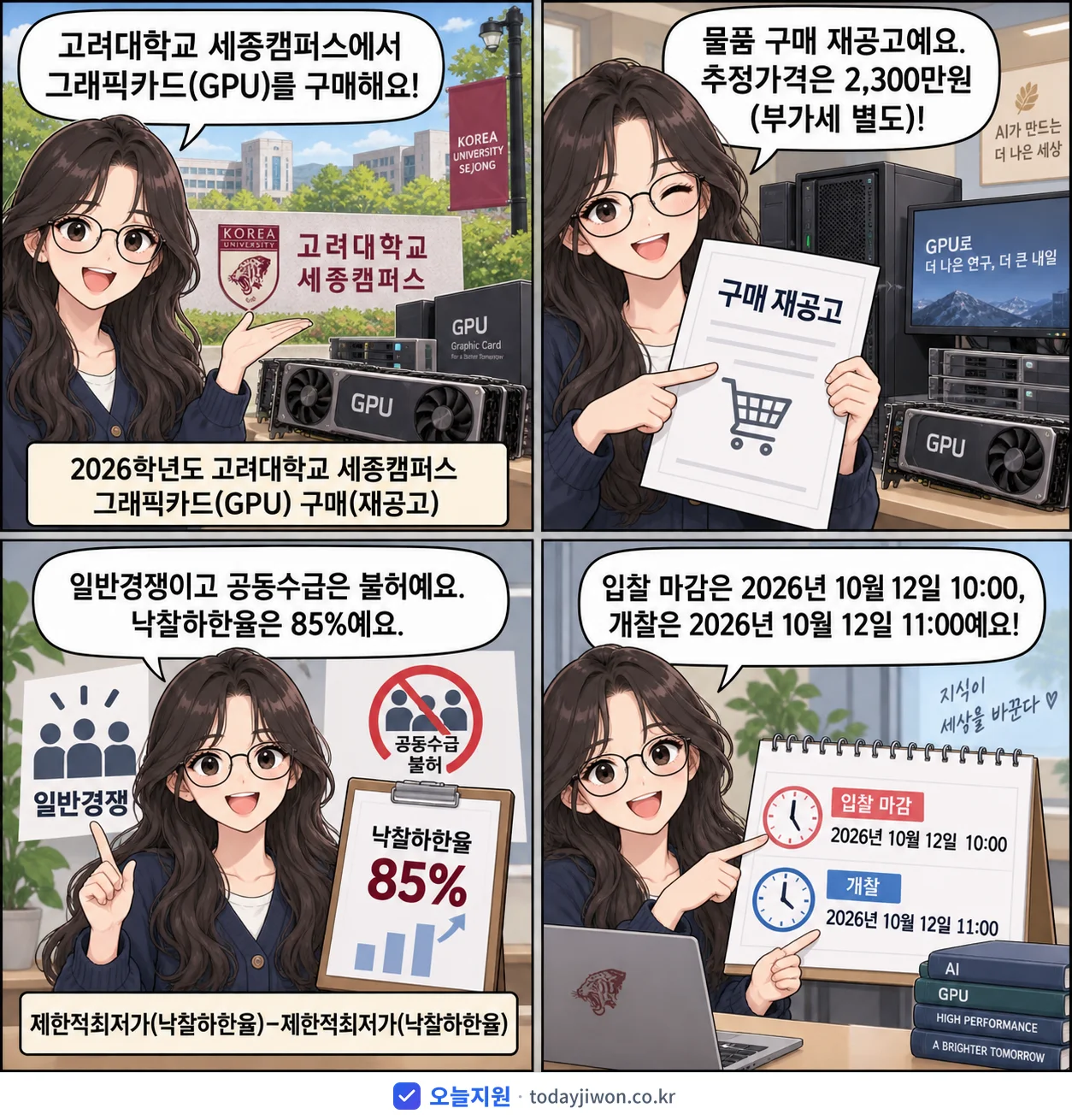 4컷 만화로 보는 공고: 고려대학교 세종캠퍼스 '학년도 고려대학교 세종캠퍼스 그래픽카드(GPU) 구매', 추정가격 2,300만원, 입찰 마감 10/12 10:00