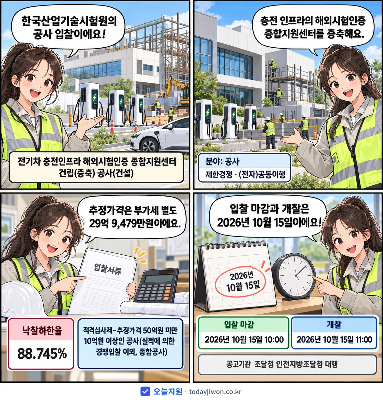 4컷 만화로 보는 공고: 한국산업기술시험원 '전기차 충전인프라 해외시험인증 종합지원센터 건립(증축) 공사(건설)', 추정가격 29억 9,479만원, 입찰 마감 10/15 10:00