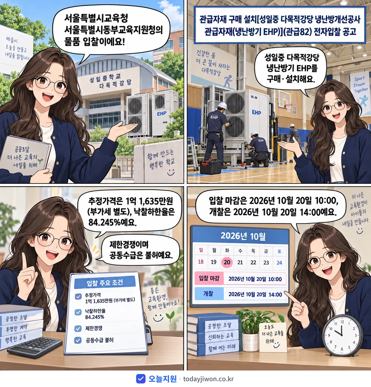 4컷 만화로 보는 공고: 서울특별시교육청 서울특별시동부교육지원청 '관급자재 구매 설치[성일중 다목적강당 냉난방개선공사 관급자재(냉난방기…', 추정가격 1억 1,635만원, 입찰 마감 10/20 10:00