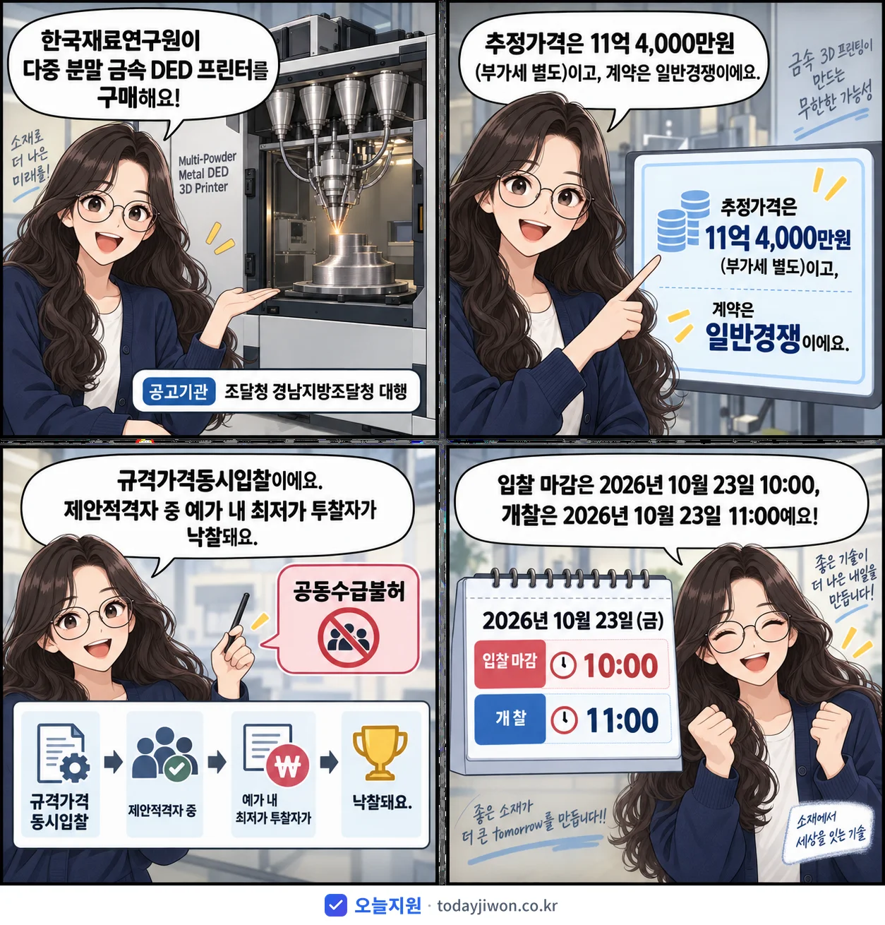 4컷 만화로 보는 공고: 한국재료연구원 '다중 분말 금속 DED 프린터', 추정가격 11억 4,000만원, 입찰 마감 10/23 10:00
