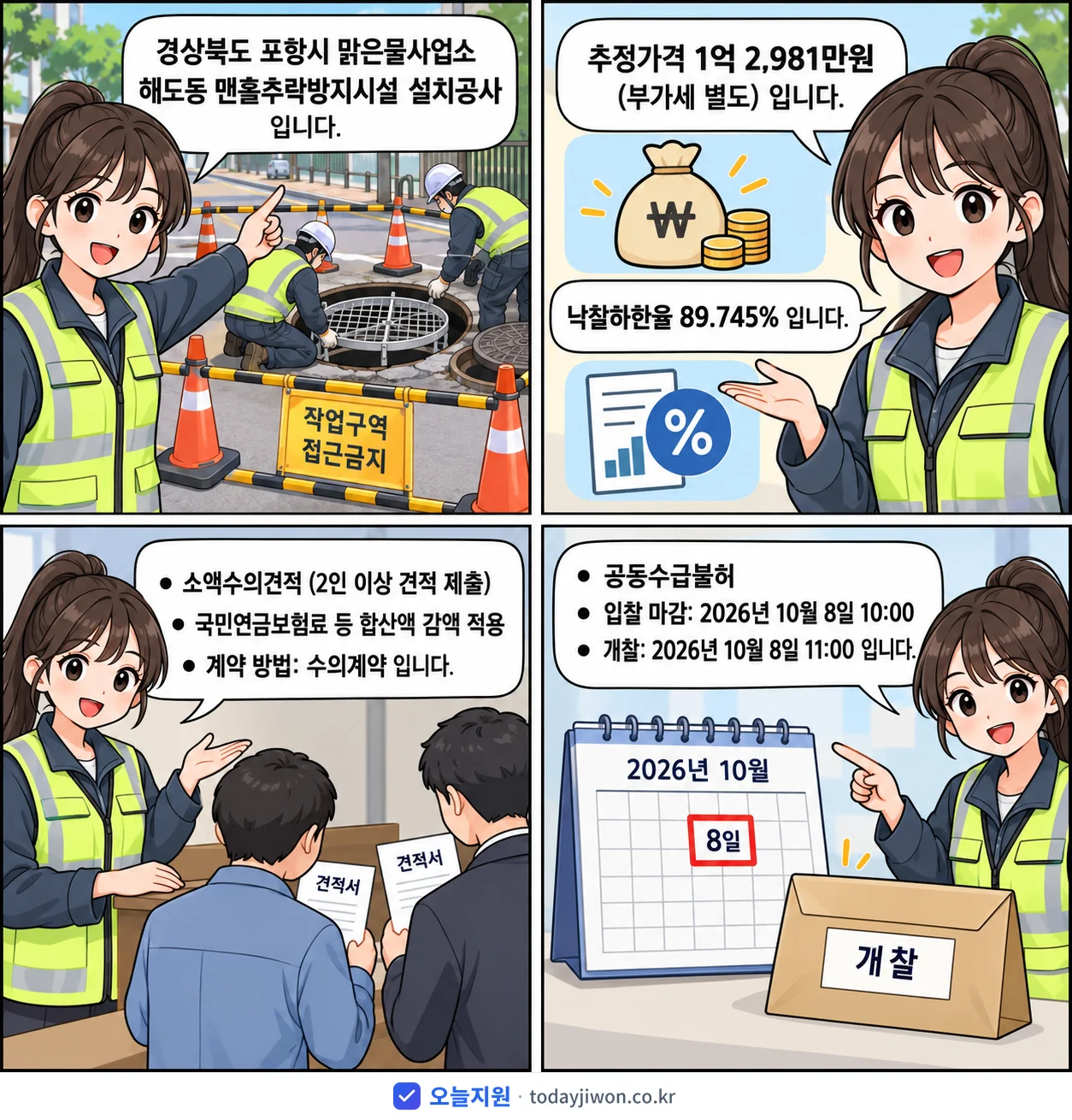 4컷 만화로 보는 공고: 경상북도 포항시 맑은물사업소 '해도동 맨홀추락방지시설 설치공사', 추정가격 1억 2,981만원, 입찰 마감 10/8 10:00