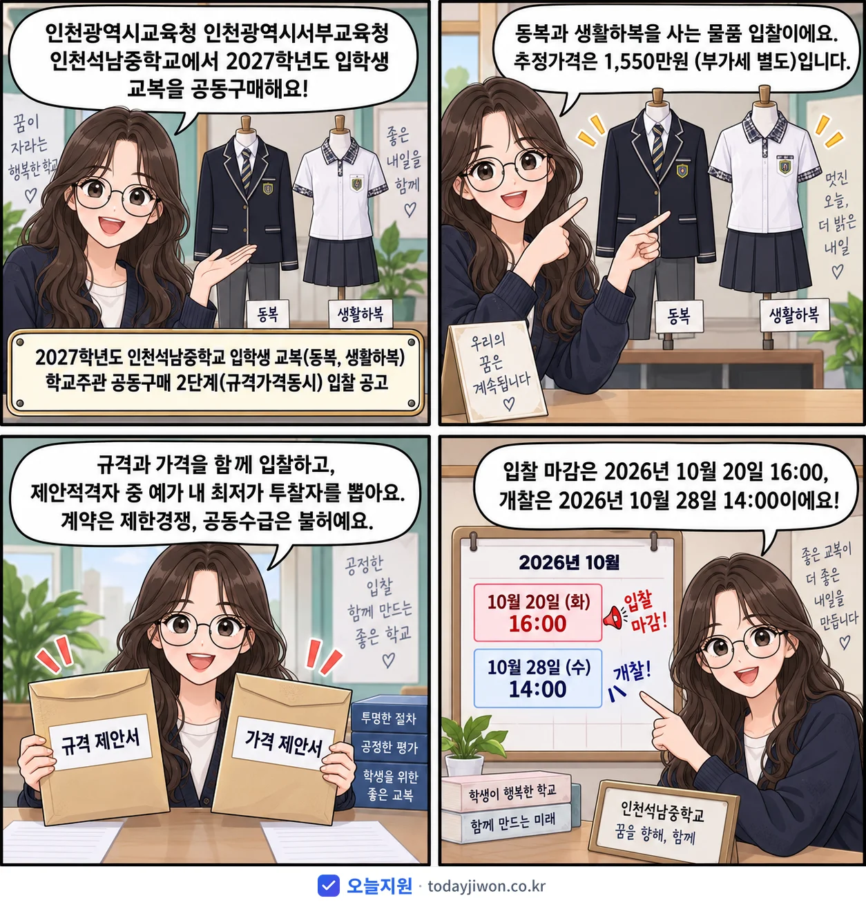 4컷 만화로 보는 공고: 인천광역시교육청 인천광역시서부교육청 인천석남중학교 '학년도 인천석남중학교 입학생 교복(동복, 생활하복) 학교주관 공동구매…', 추정가격 1,550만원, 입찰 마감 10/20 16:00