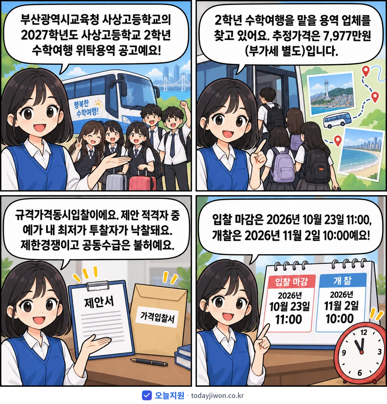 4컷 만화로 보는 공고: 부산광역시교육청 사상고등학교 '학년도 사상고등학교 2학년 수학여행 위탁용역', 추정가격 7,977만원, 입찰 마감 10/23 11:00