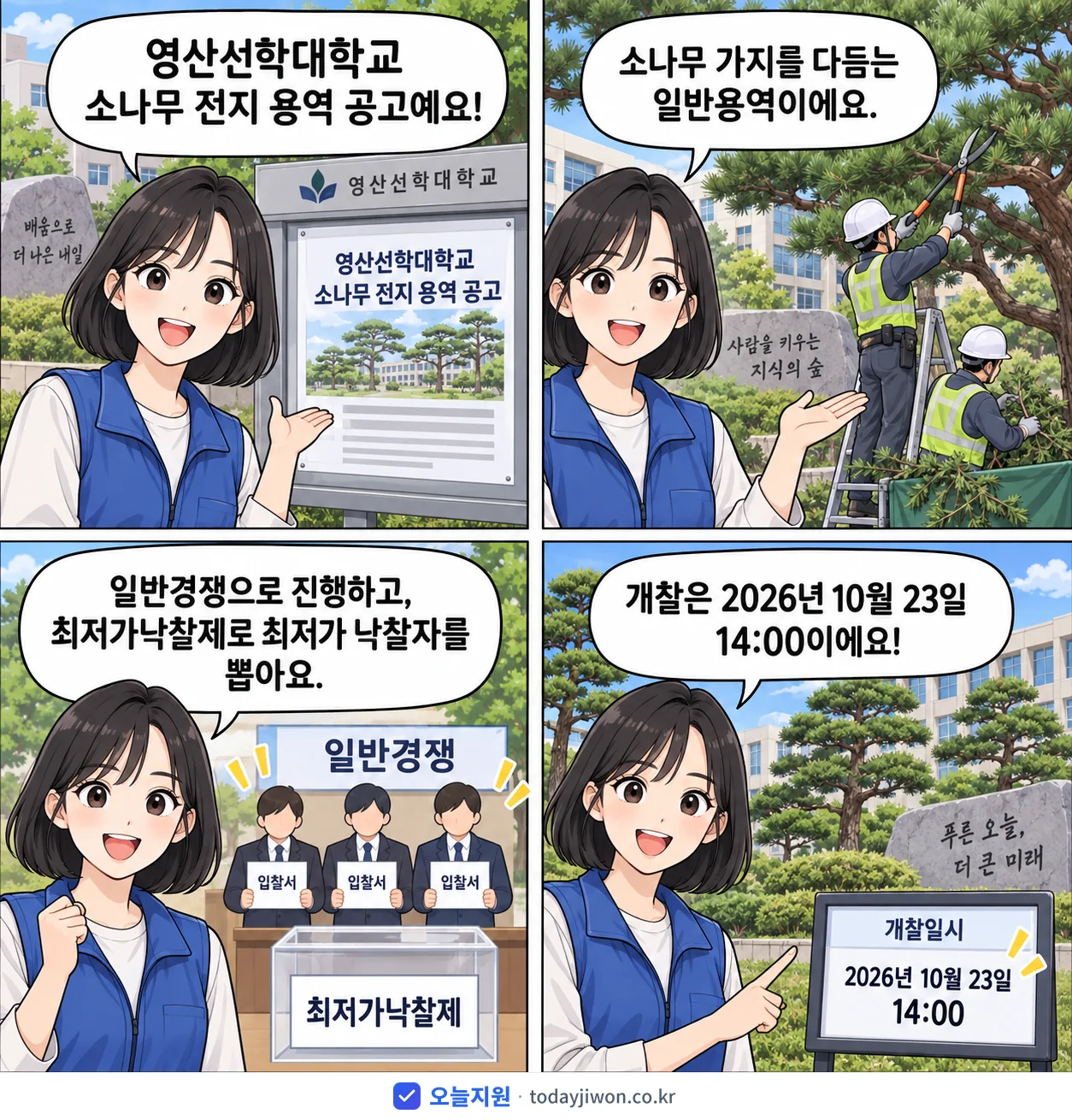 4컷 만화로 보는 공고: 영산선학대학교 '영산선학대학교 소나무 전지 용역'