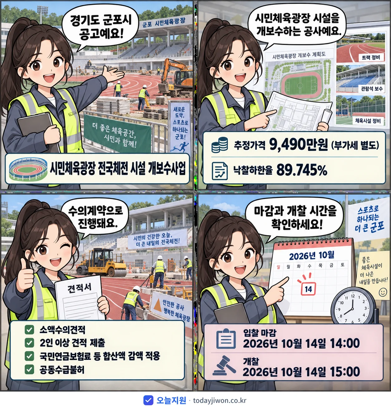 4컷 만화로 보는 공고: 경기도 군포시 '시민체육광장 전국체전 시설 개보수사업', 추정가격 9,490만원, 입찰 마감 10/14 14:00