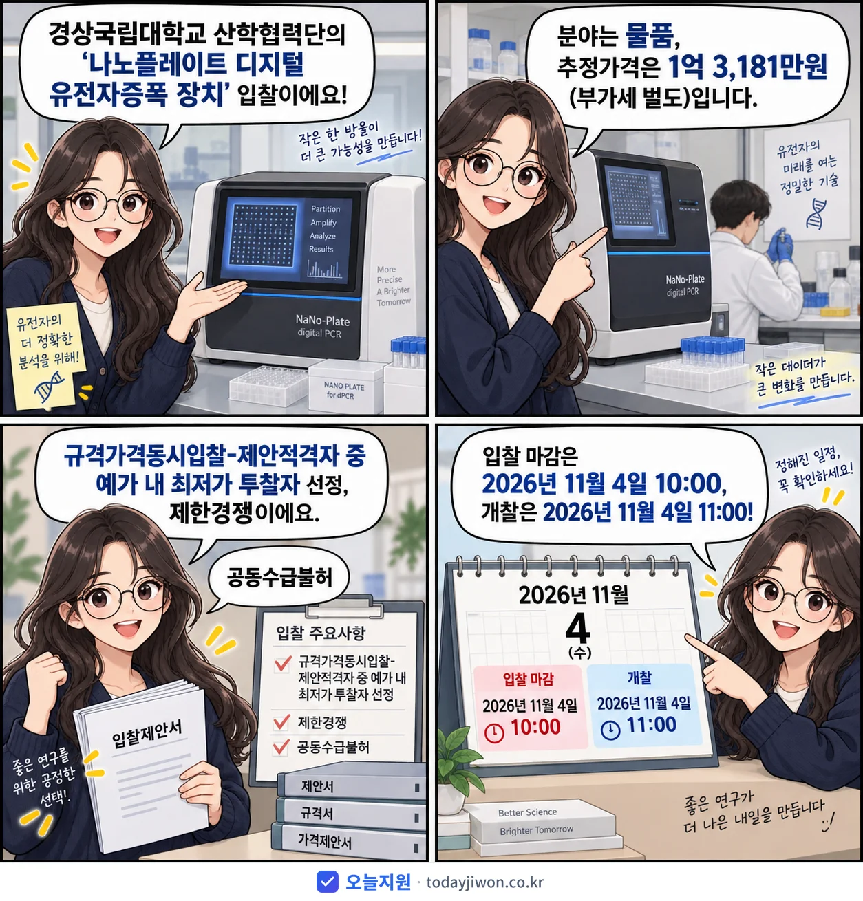 4컷 만화로 보는 공고: 경상국립대학교 산학협력단 '나노플레이트 디지털 유전자증폭 장치', 추정가격 1억 3,181만원, 입찰 마감 11/4 10:00