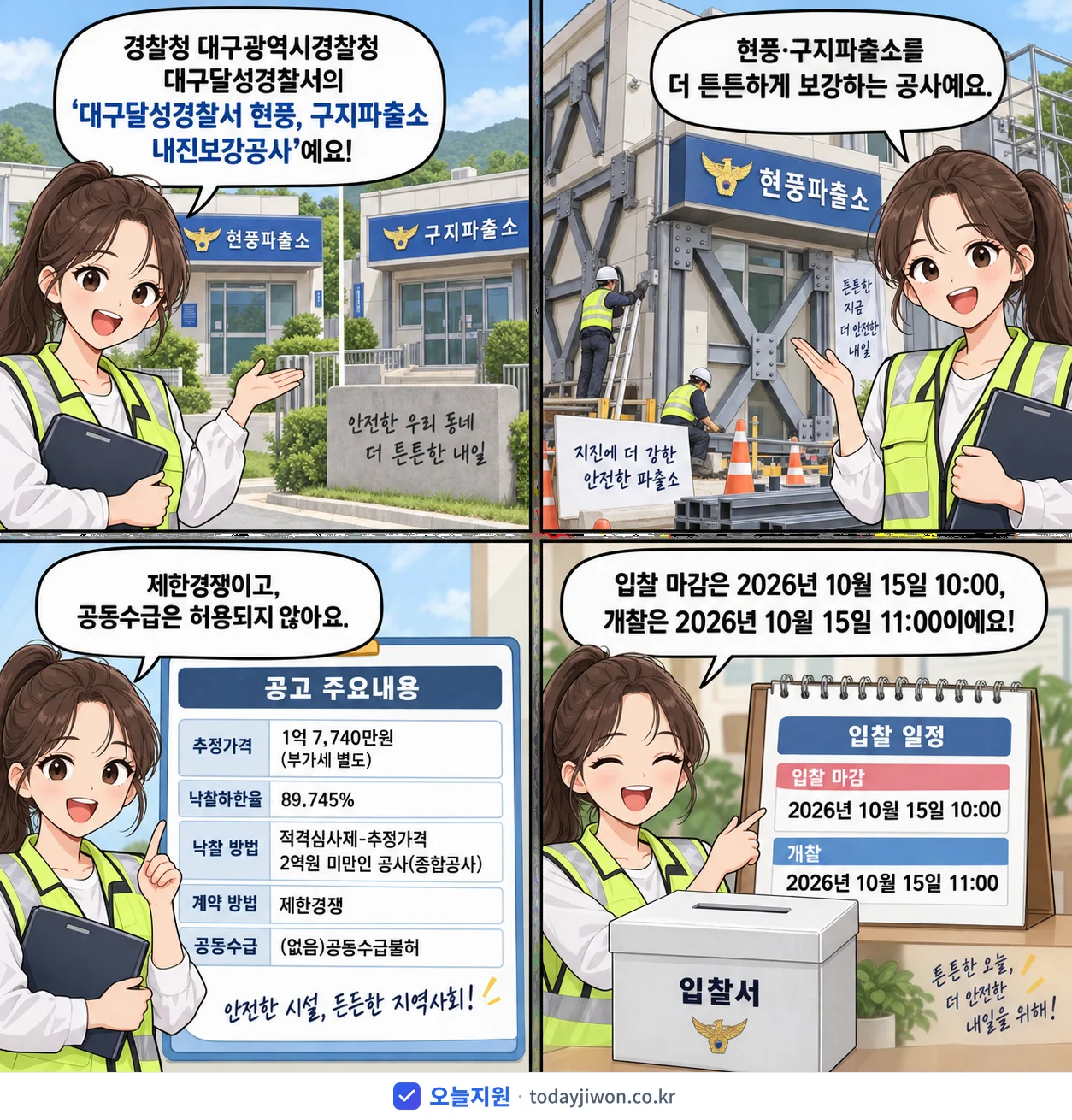 4컷 만화로 보는 공고: 경찰청 대구광역시경찰청 대구달성경찰서 '대구달성경찰서 현풍, 구지파출소 내진보강공사', 추정가격 1억 7,740만원, 입찰 마감 10/15 10:00