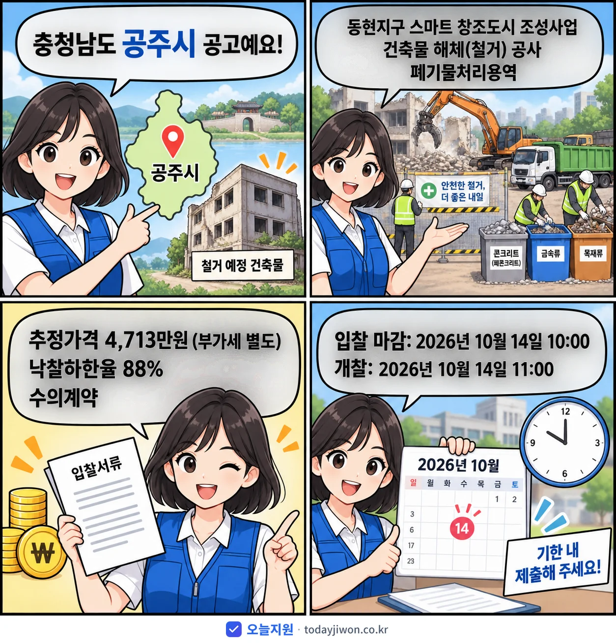 4컷 만화로 보는 공고: 충청남도 공주시 '동현지구 스마트 창조도시 조성사업 건축물 해체(철거) 공사 폐기물처리용역', 추정가격 4,713만원, 입찰 마감 10/14 10:00