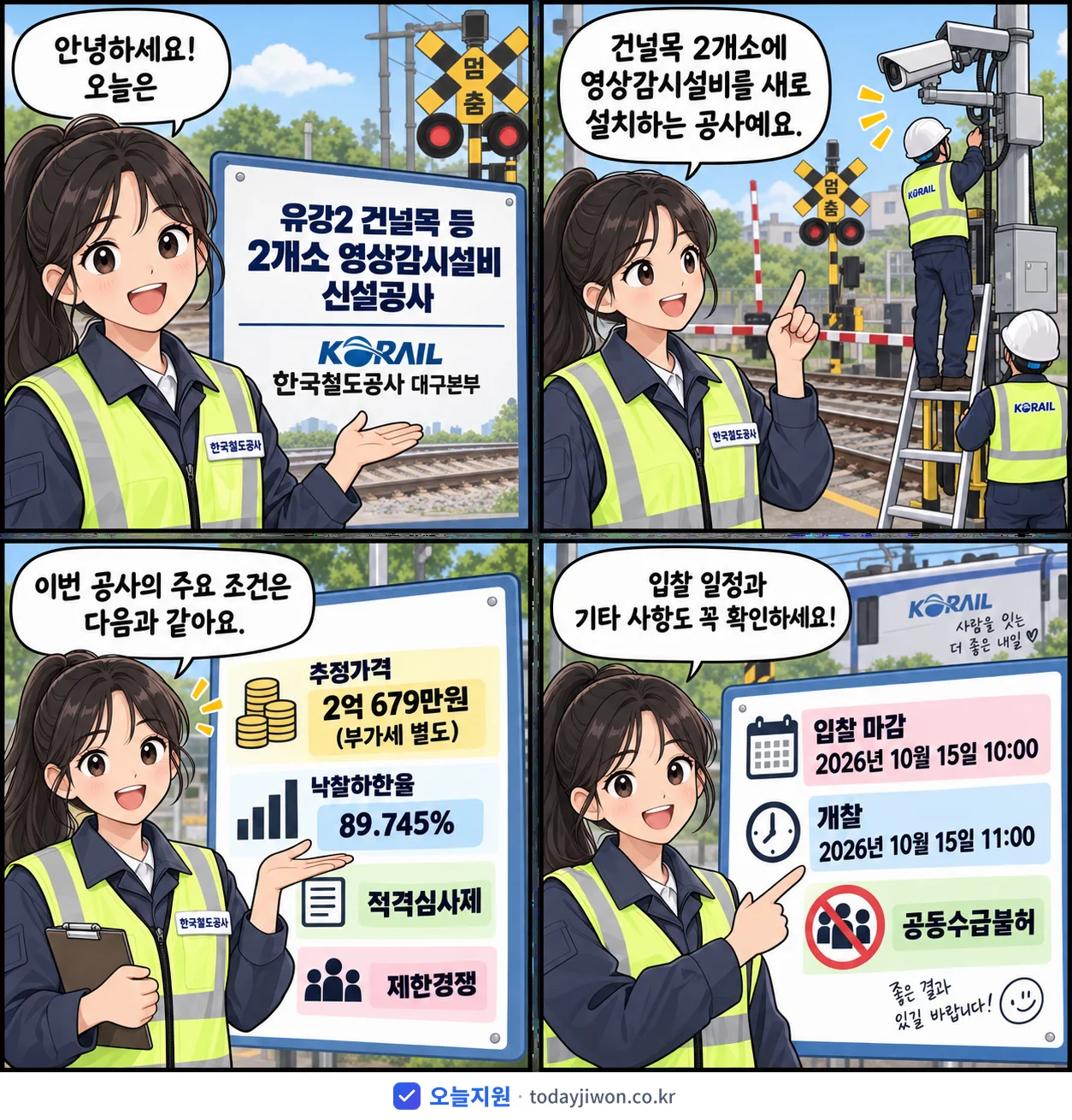 4컷 만화로 보는 공고: 한국철도공사 대구본부 '유강2 건널목 등 2개소 영상감시설비 신설공사', 추정가격 2억 679만원, 입찰 마감 10/15 10:00