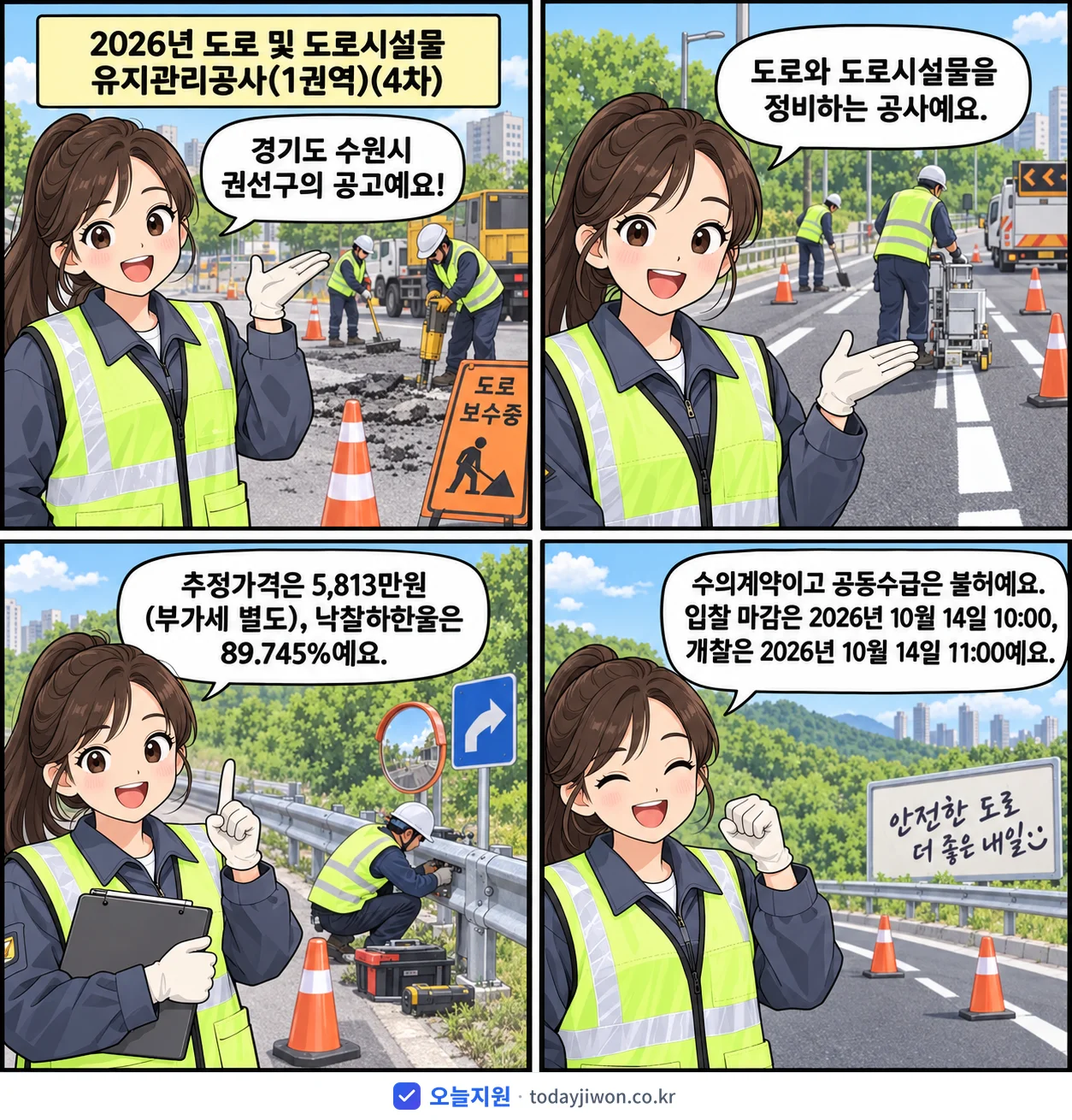 4컷 만화로 보는 공고: 경기도 수원시 권선구 '도로 및 도로시설물 유지관리공사(1권역)(4차)', 추정가격 5,813만원, 입찰 마감 10/14 10:00
