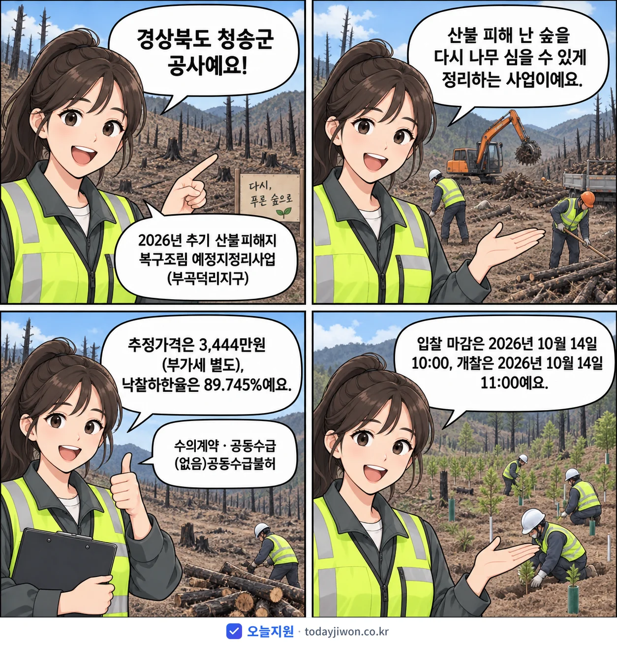 4컷 만화로 보는 공고: 경상북도 청송군 '추기 산불피해지 복구조림 예정지정리사업(부곡덕리지구)', 추정가격 3,444만원, 입찰 마감 10/14 10:00