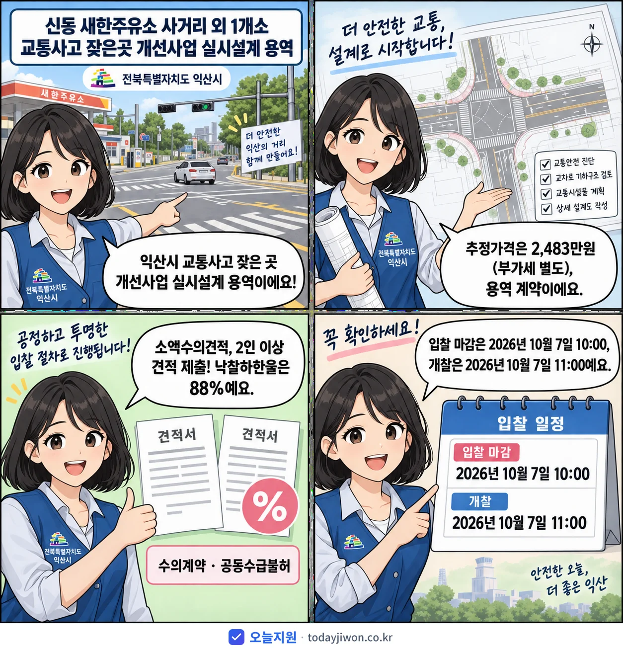 4컷 만화로 보는 공고: 전북특별자치도 익산시 '신동 새한주유소 사거리 외 1개소 교통사고 잦은곳 개선사업 실시설계 용역', 추정가격 2,483만원, 입찰 마감 10/7 10:00