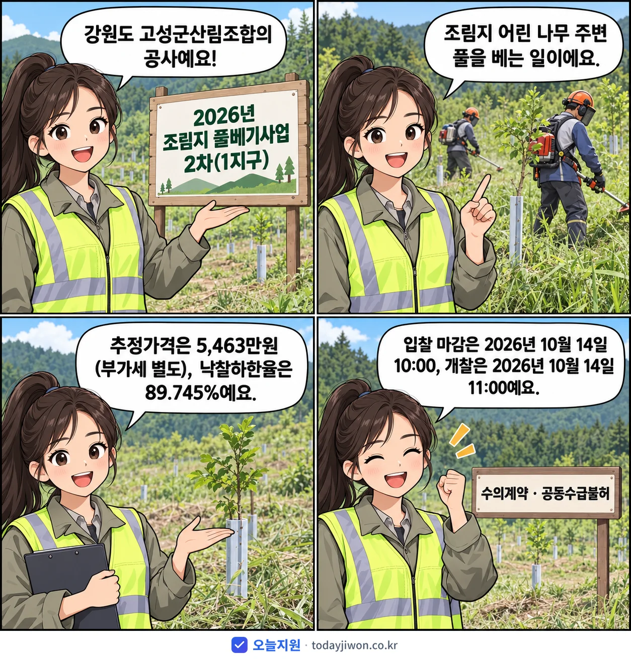 4컷 만화로 보는 공고: 강원도 고성군산림조합 '조림지 풀베기사업 2차(1지구)', 추정가격 5,463만원, 입찰 마감 10/14 10:00