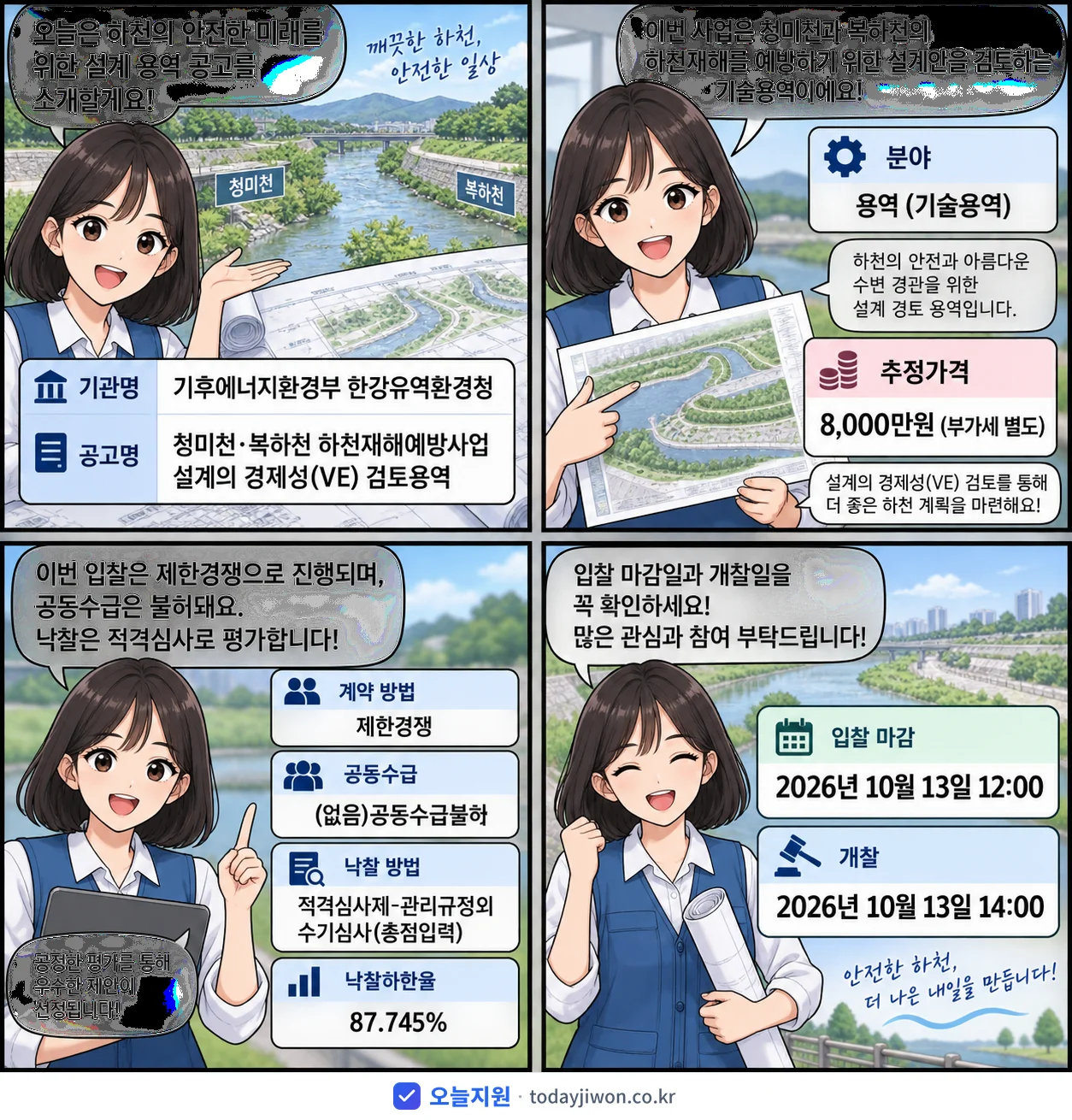 4컷 만화로 보는 공고: 기후에너지환경부 한강유역환경청 '청미천·복하천 하천재해예방사업 설계의 경제성(VE) 검토용역', 추정가격 8,000만원, 입찰 마감 10/13 12:00