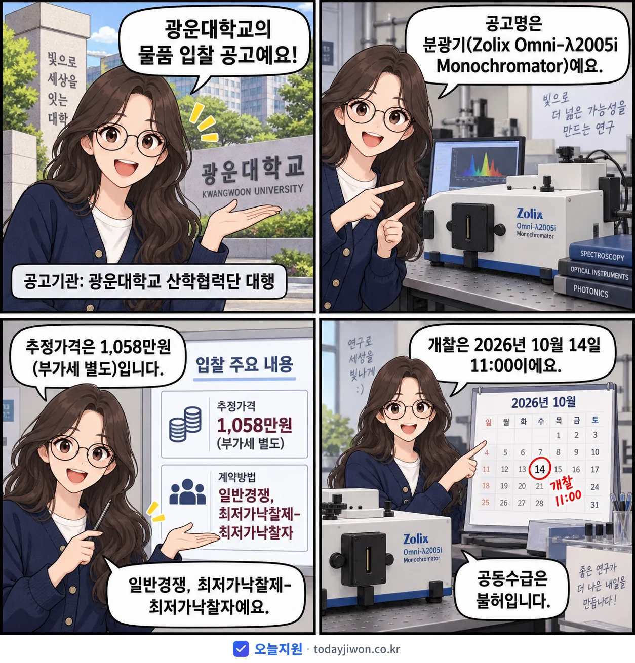 4컷 만화로 보는 공고: 광운대학교 '분광기(Zolix Omni-λ2005i Monochromator)', 추정가격 1,058만원