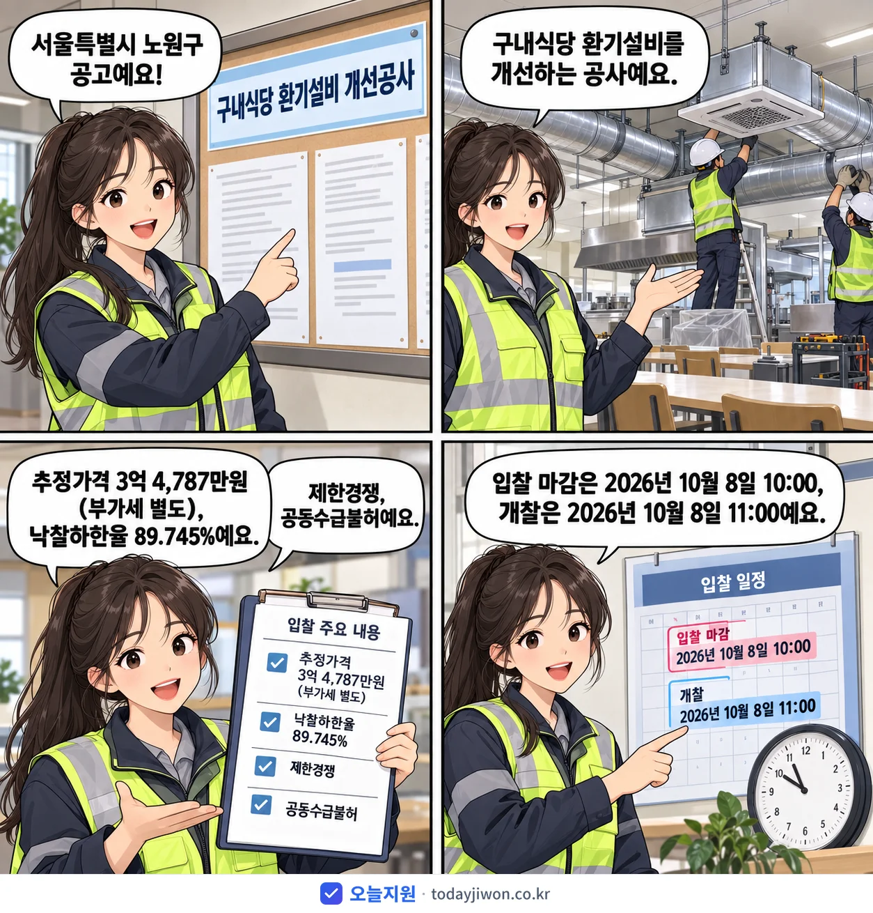 4컷 만화로 보는 공고: 서울특별시 노원구 '구내식당 환기설비 개선공사', 추정가격 3억 4,787만원, 입찰 마감 10/8 10:00