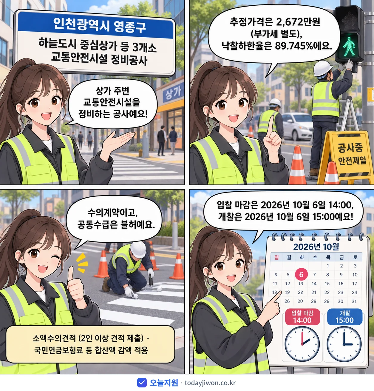 4컷 만화로 보는 공고: 인천광역시 영종구 '하늘도시 중심상가 등 3개소 교통안전시설 정비공사', 추정가격 2,672만원, 입찰 마감 10/6 14:00