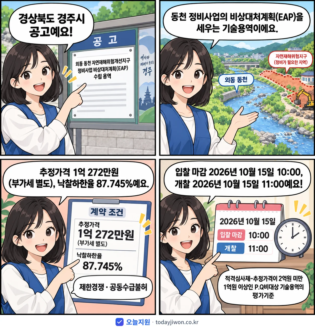 4컷 만화로 보는 공고: 경상북도 경주시 '외동 동천 자연재해위험개선지구 정비사업 비상대처계획(EAP) 수립 용역', 추정가격 1억 272만원, 입찰 마감 10/15 10:00