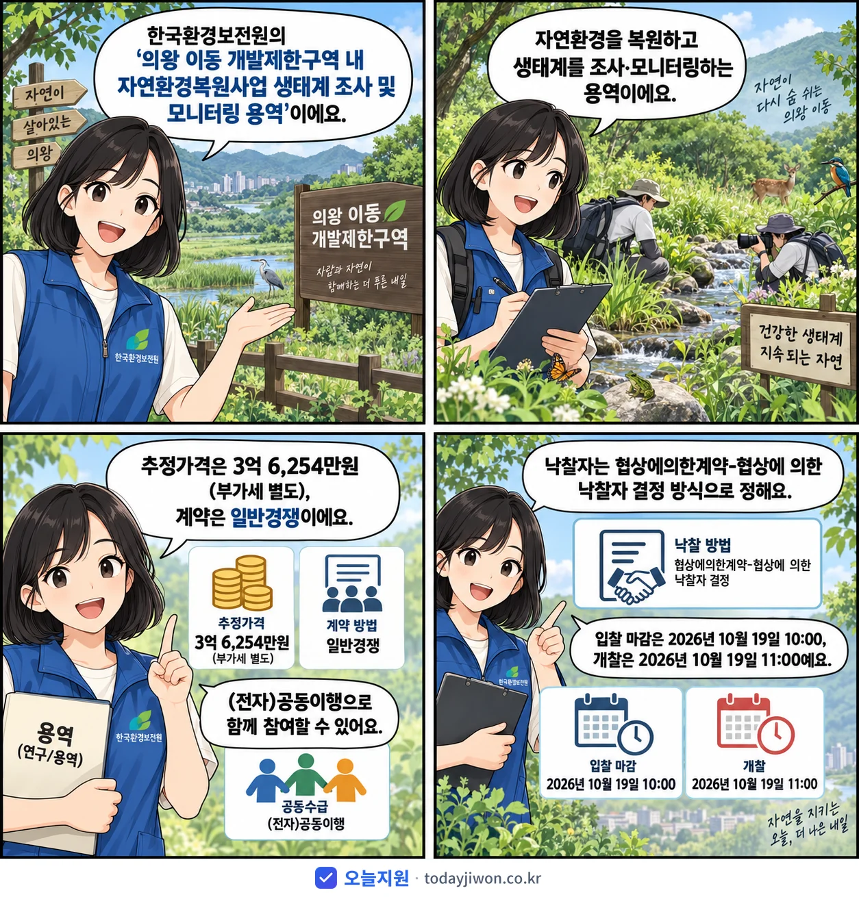 4컷 만화로 보는 공고: 한국환경보전원 '의왕 이동 개발제한구역 내 자연환경복원사업 생태계 조사 및 모니터링 용역', 추정가격 3억 6,254만원, 입찰 마감 10/19 10:00