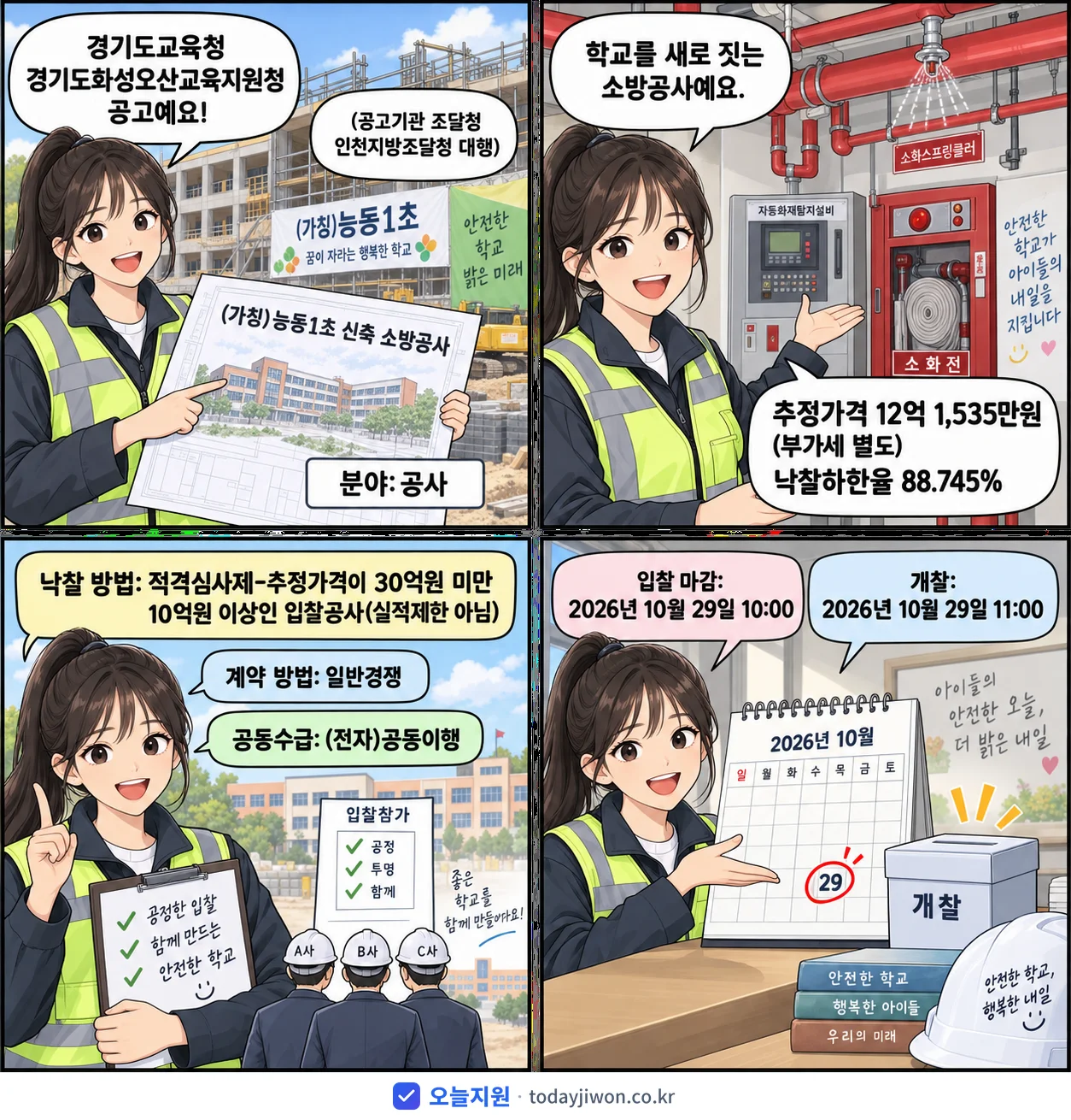 4컷 만화로 보는 공고: 경기도교육청 경기도화성오산교육지원청 '(가칭)능동1초 신축 소방공사', 추정가격 12억 1,535만원, 입찰 마감 10/29 10:00