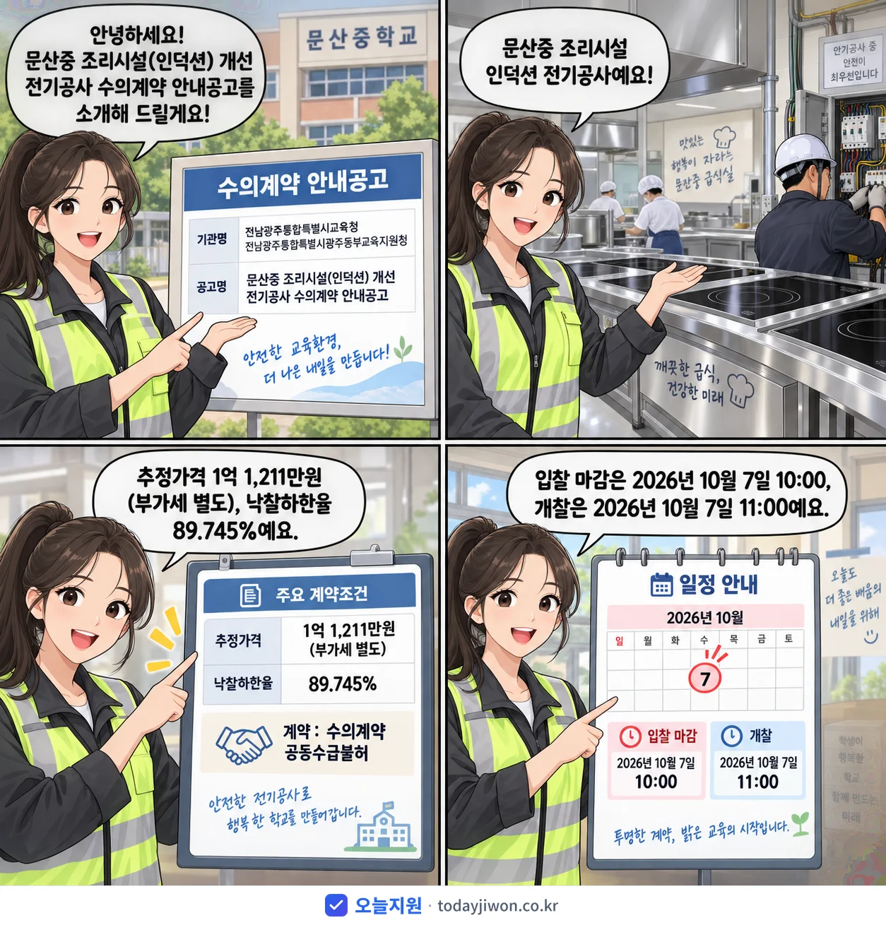 4컷 만화로 보는 공고: 전남광주통합특별시교육청 전남광주통합특별시광주동부교육지원청 '문산중 조리시설(인덕션) 개선 전기공사 수의계약 안내공고', 추정가격 1억 1,211만원, 입찰 마감 10/7 10:00