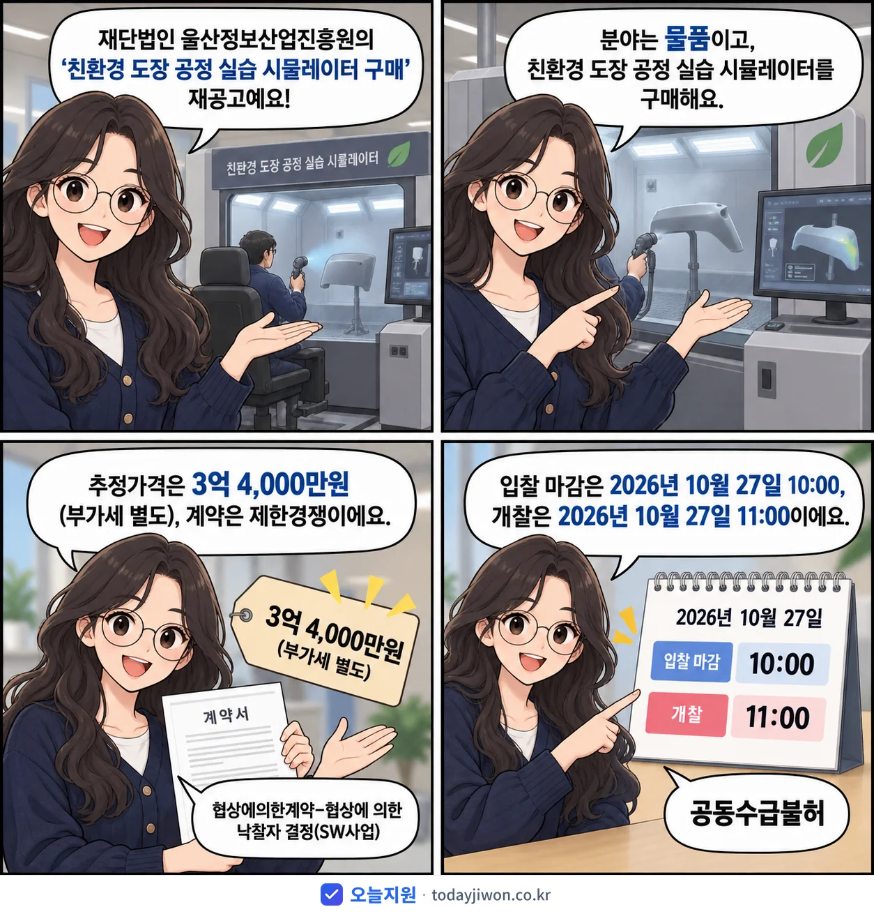 4컷 만화로 보는 공고: 재단법인 울산정보산업진흥원 '친환경 도장 공정 실습 시뮬레이터 구매', 추정가격 3억 4,000만원, 입찰 마감 10/27 10:00