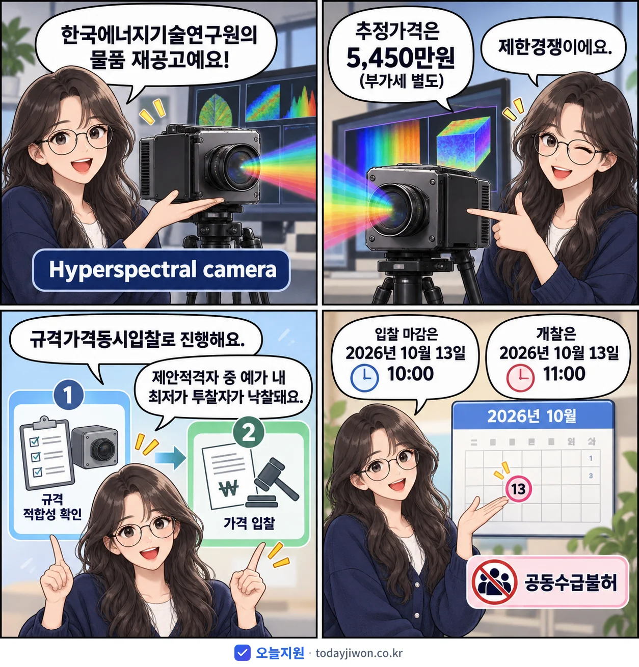 4컷 만화로 보는 공고: 한국에너지기술연구원 'Hyperspectral camera', 추정가격 5,450만원, 입찰 마감 10/13 10:00