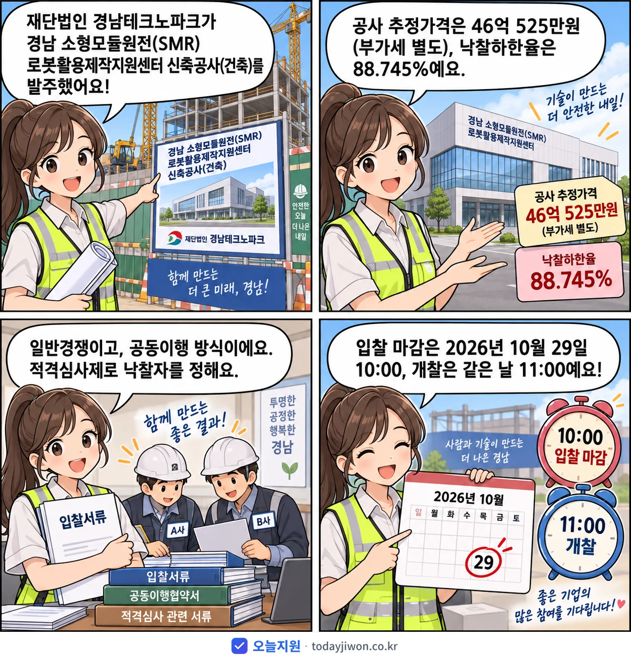 4컷 만화로 보는 공고: 재단법인 경남테크노파크 '경남 소형모듈원전(SMR) 로봇활용제작지원센터 신축공사(건축)', 추정가격 46억 525만원, 입찰 마감 10/29 10:00