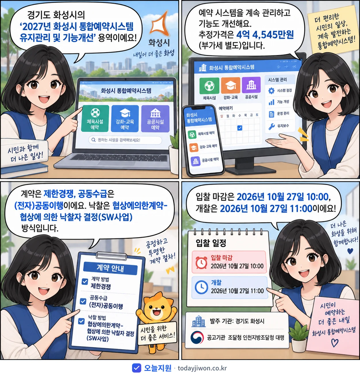 4컷 만화로 보는 공고: 경기도 화성시 '화성시 통합예약시스템 유지관리 및 기능개선', 추정가격 4억 4,545만원, 입찰 마감 10/27 10:00