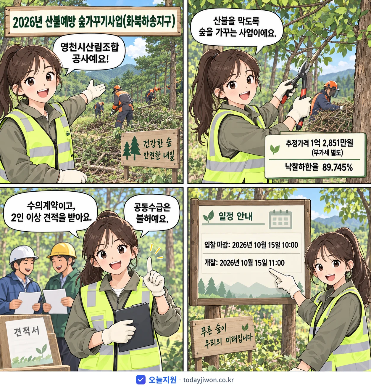 4컷 만화로 보는 공고: 영천시산림조합 '산불예방 숲가꾸기사업(화북하송지구)', 추정가격 1억 2,851만원, 입찰 마감 10/15 10:00