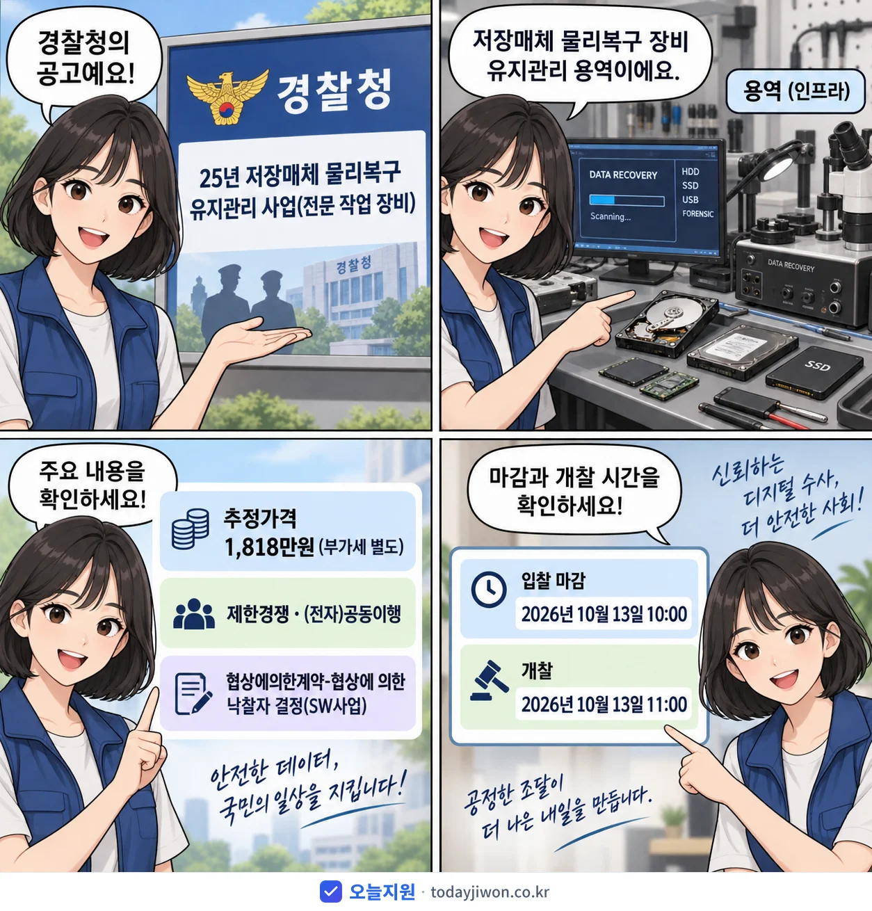 4컷 만화로 보는 공고: 경찰청 '25년 저장매체 물리복구 유지관리 사업(전문 작업 장비)', 추정가격 1,818만원, 입찰 마감 10/13 10:00