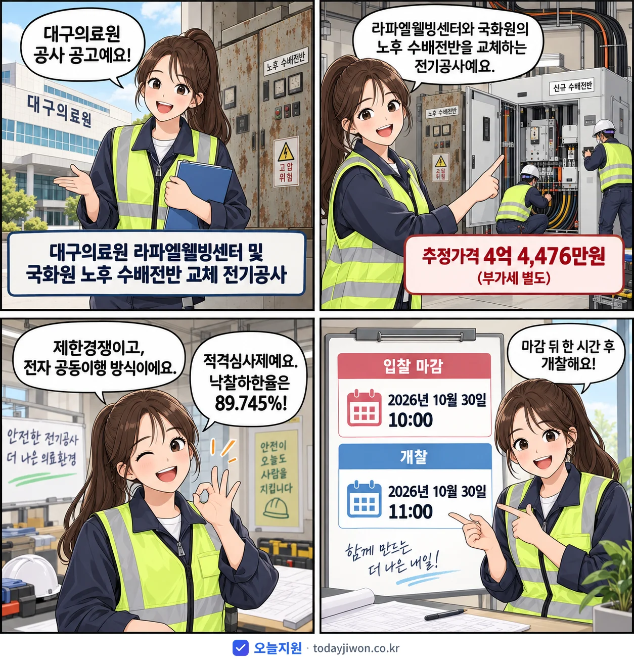 4컷 만화로 보는 공고: 대구의료원 '대구의료원 라파엘웰빙센터 및 국화원 노후 수배전반 교체 전기공사', 추정가격 4억 4,476만원, 입찰 마감 10/30 10:00