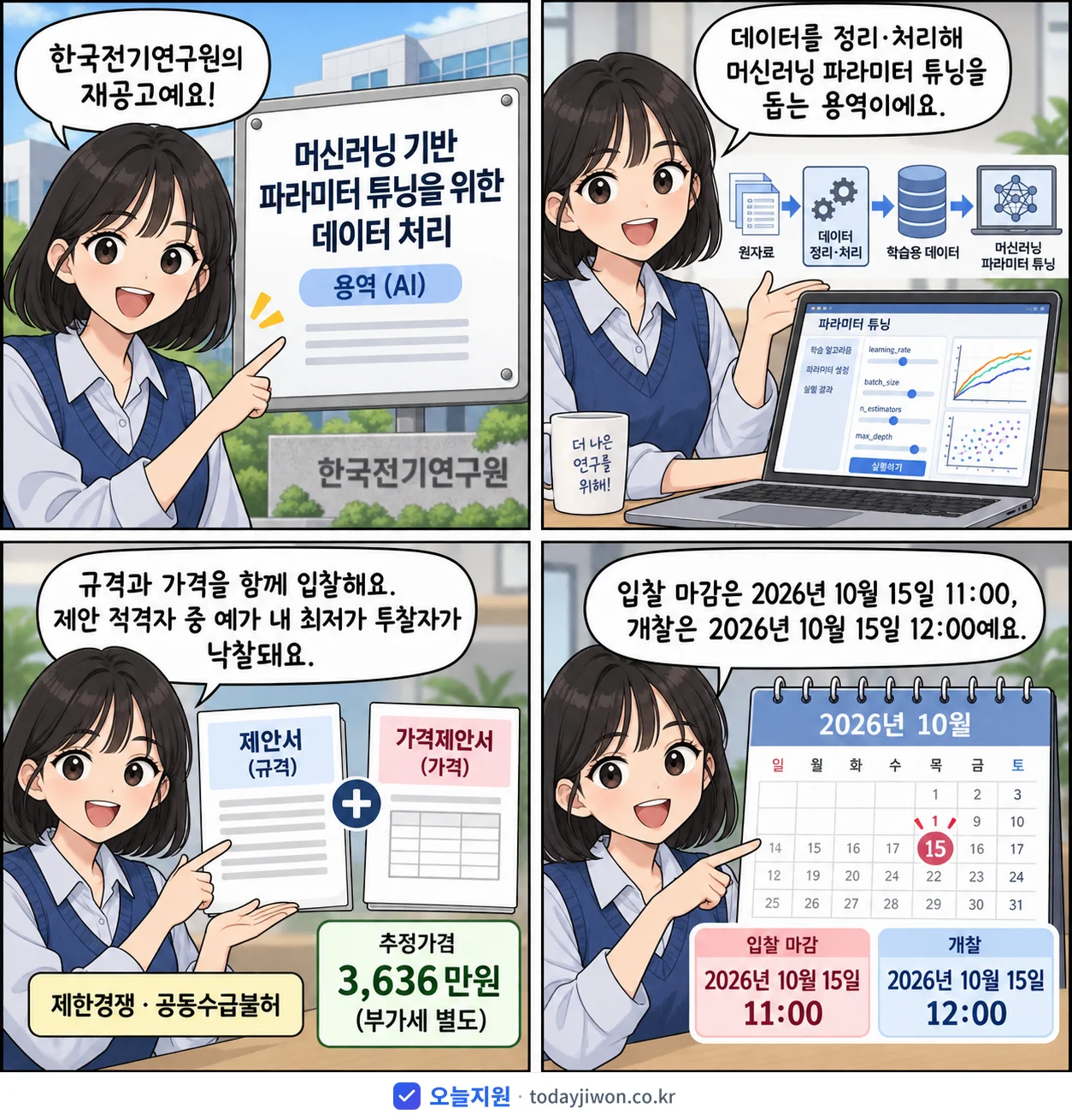 4컷 만화로 보는 공고: 한국전기연구원 '머신러닝 기반 파라미터 튜닝을 위한 데이터 처리', 추정가격 3,636만원, 입찰 마감 10/15 11:00
