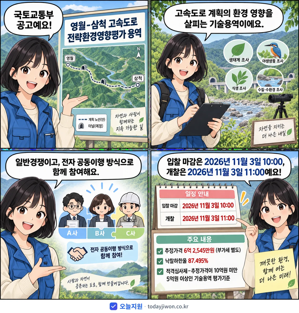 4컷 만화로 보는 공고: 국토교통부 '영월-삼척 고속도로 전략환경영향평가 용역', 추정가격 6억 2,545만원, 입찰 마감 11/3 10:00
