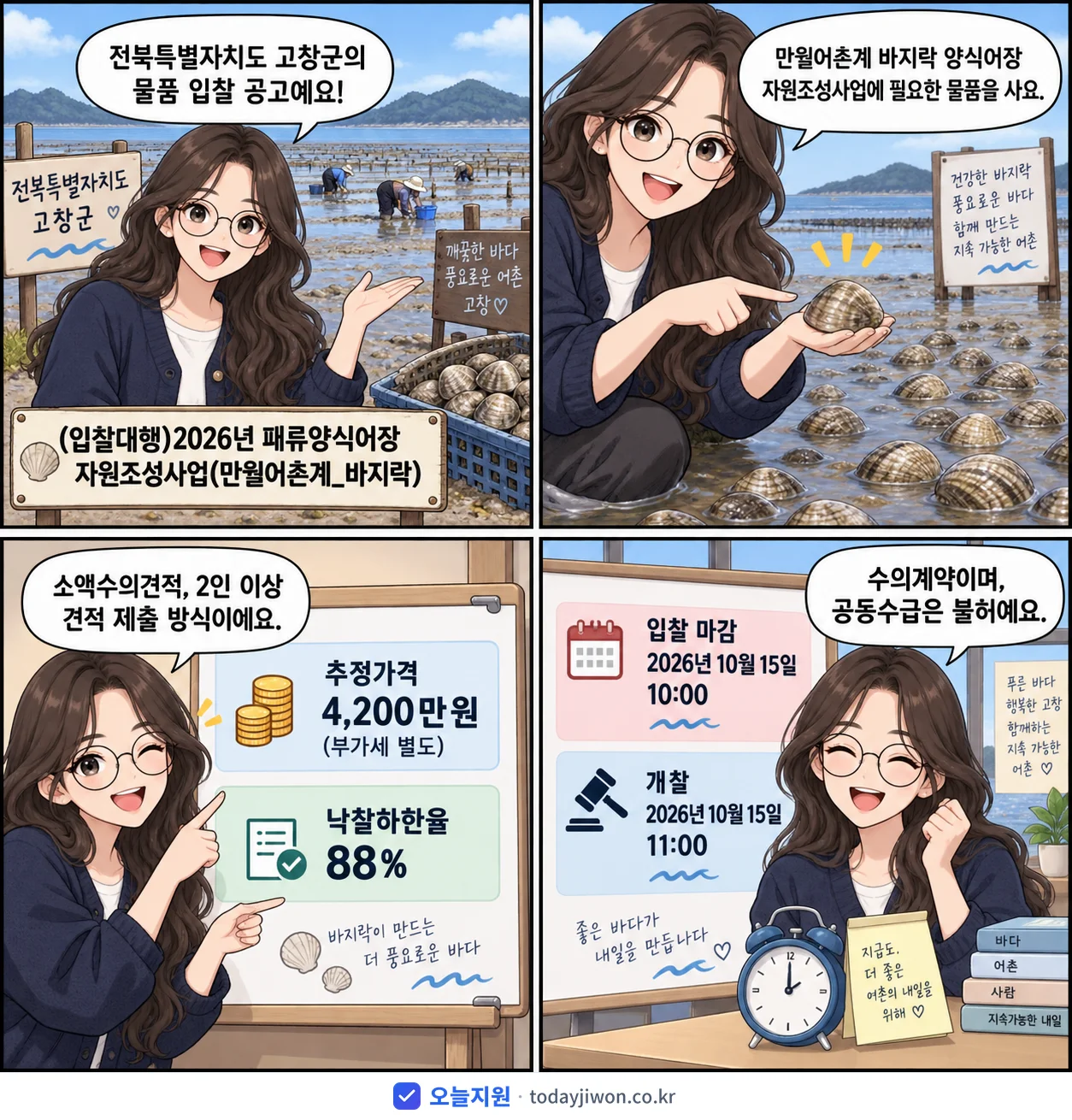 4컷 만화로 보는 공고: 전북특별자치도 고창군 '(입찰대행)2026년 패류양식어장 자원조성사업(만월어촌계_바지락)', 추정가격 4,200만원, 입찰 마감 10/15 10:00