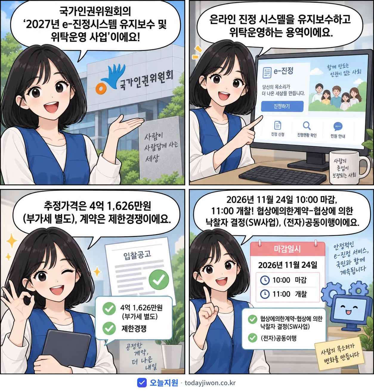 4컷 만화로 보는 공고: 국가인권위원회 'e-진정시스템 유지보수 및 위탁운영 사업', 추정가격 4억 1,626만원, 입찰 마감 11/24 10:00