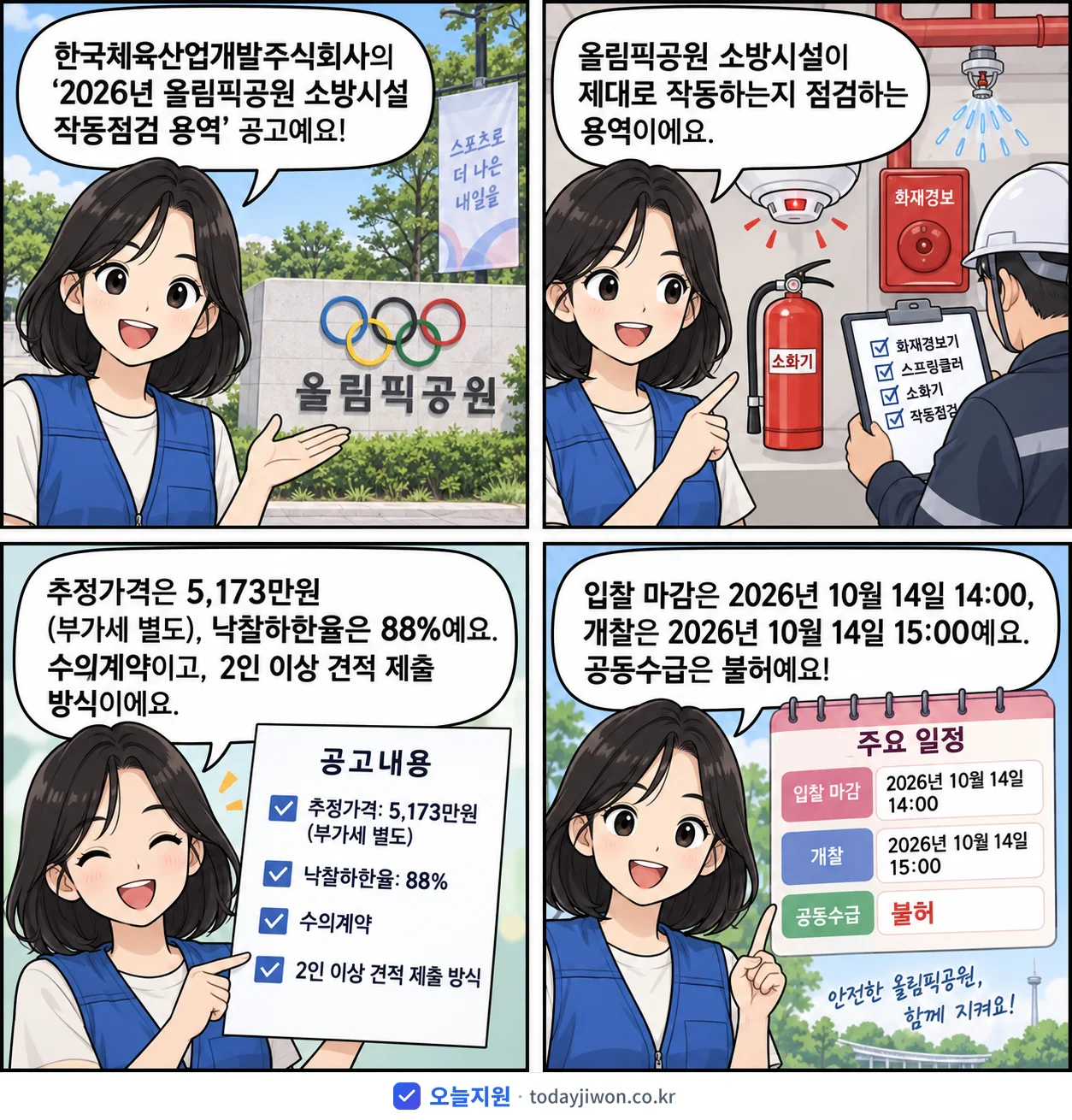 4컷 만화로 보는 공고: 한국체육산업개발주식회사 '올림픽공원 소방시설 작동점검 용역', 추정가격 5,173만원, 입찰 마감 10/14 14:00